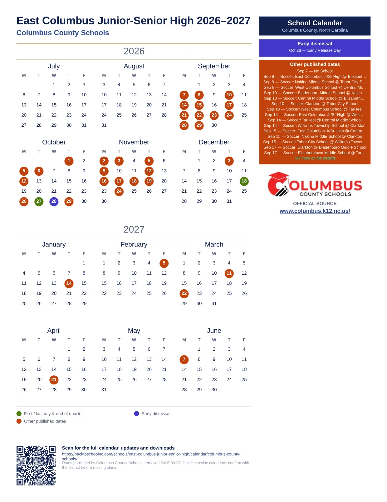 East Columbus Junior-Senior High  printable calendar