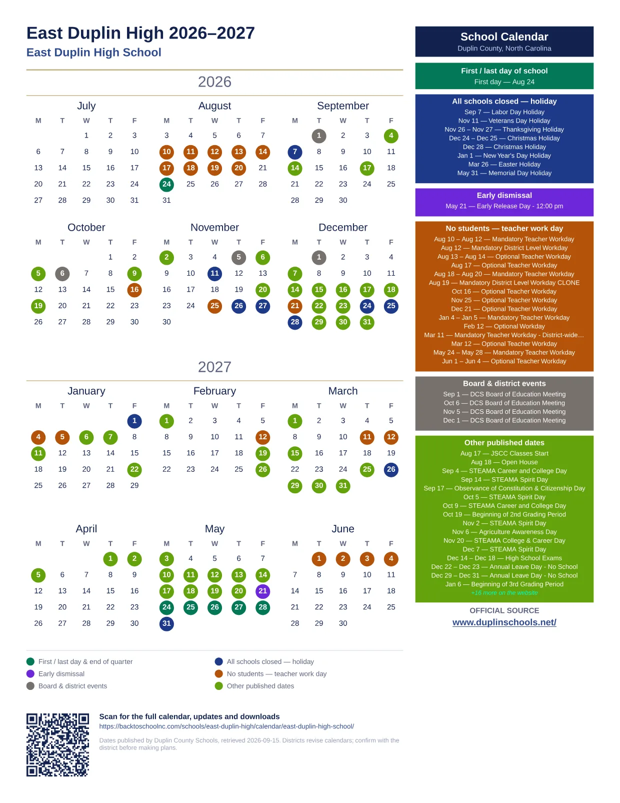 East Duplin High 2026–2027 printable calendar