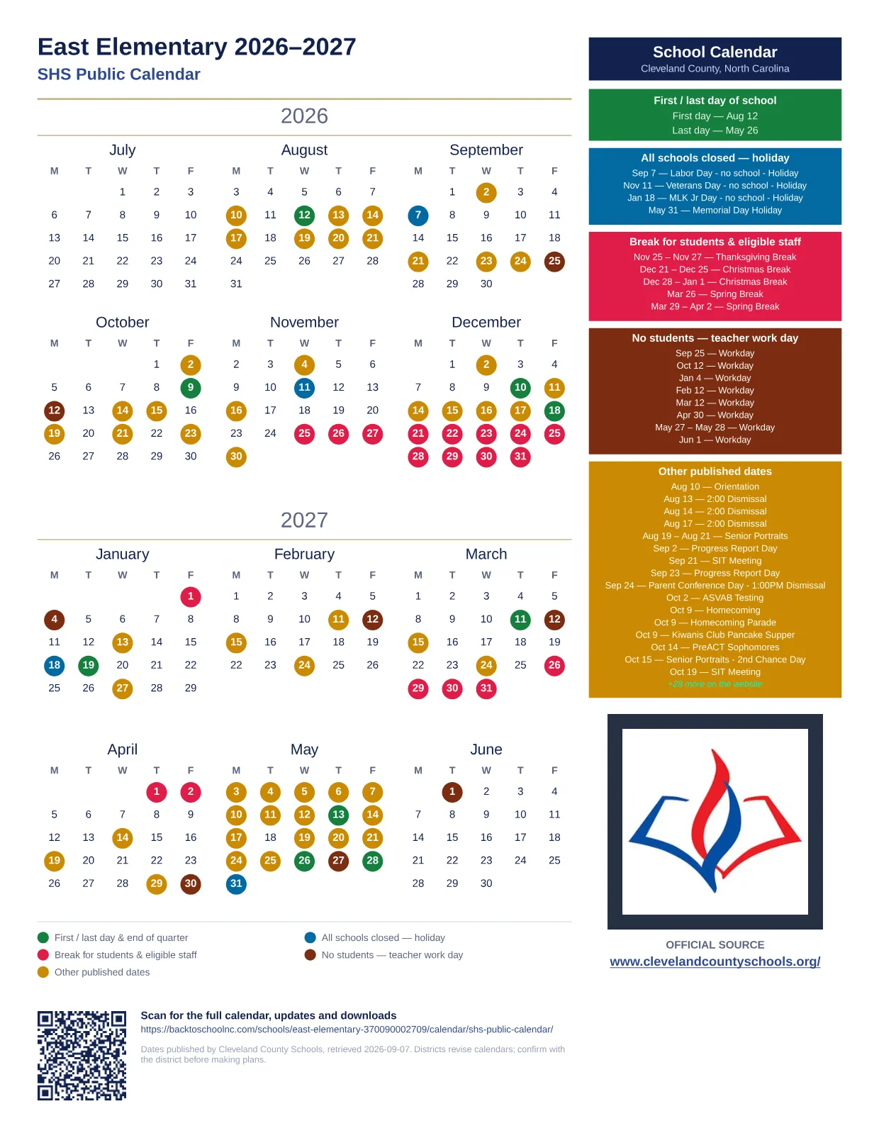 East Elementary 2026–2027 printable calendar