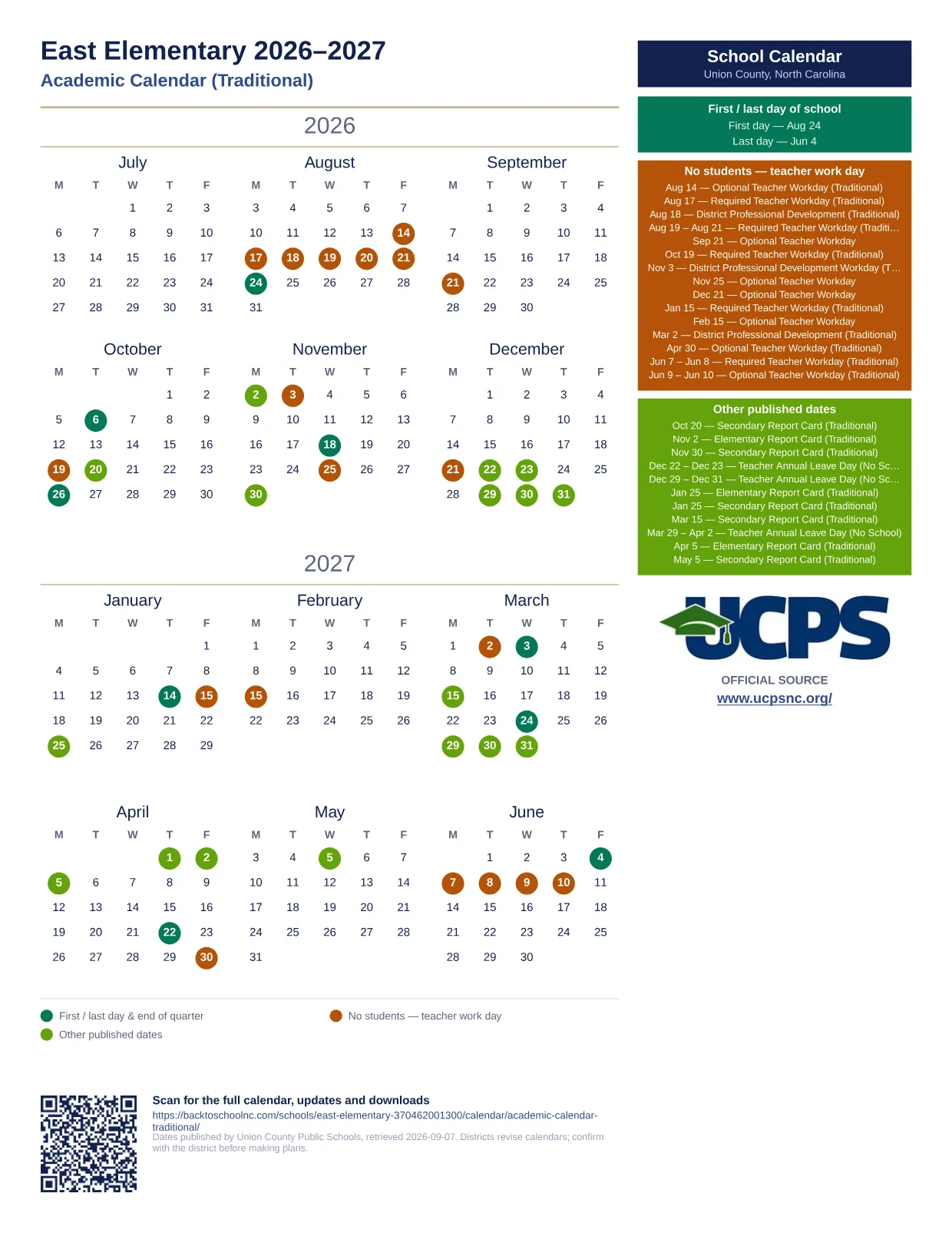 East Elementary 2026–2027 printable calendar