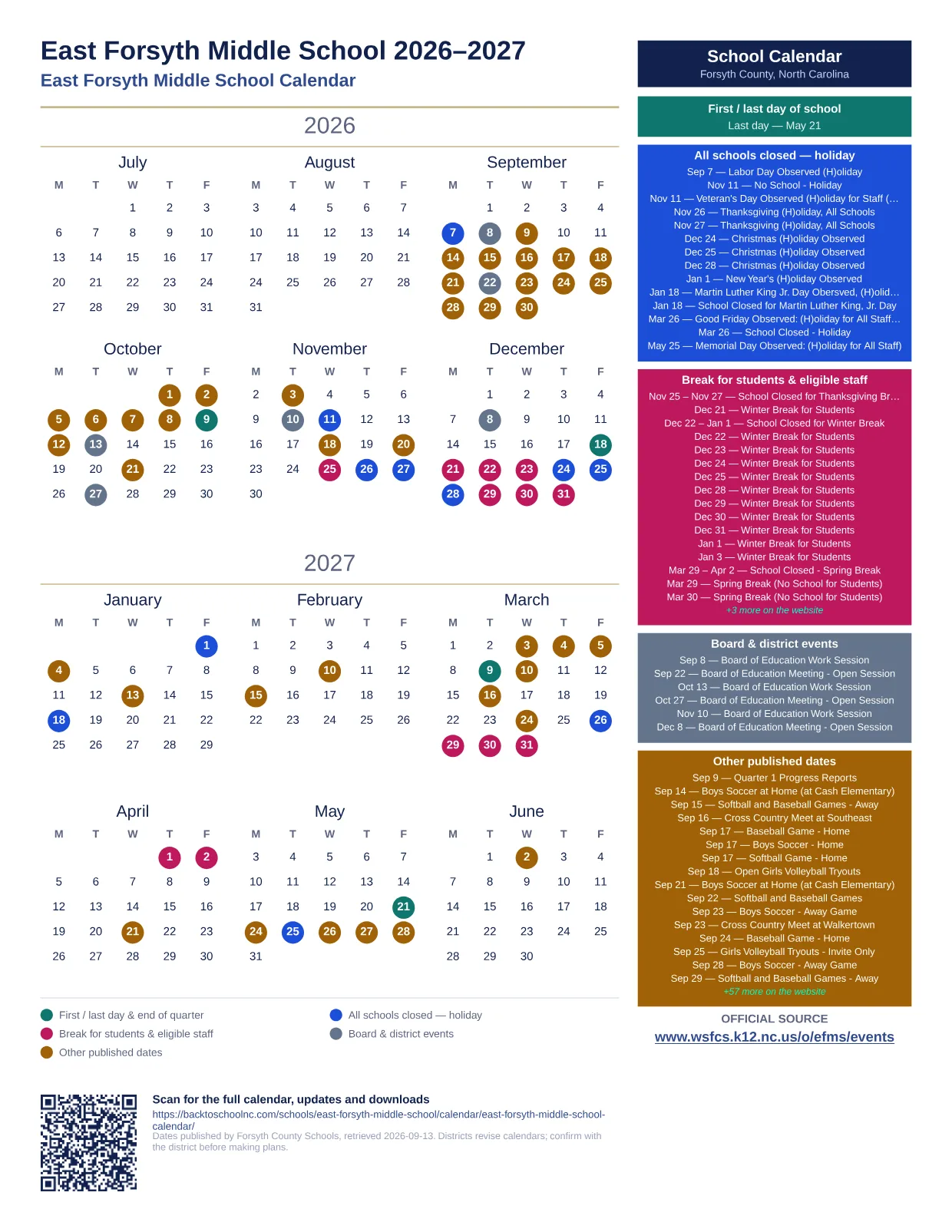East Forsyth Middle School  printable calendar
