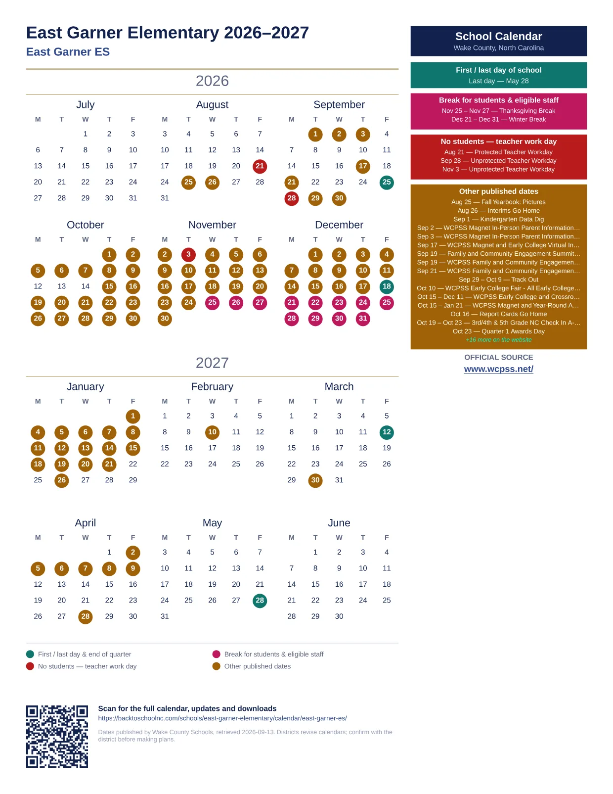 East Garner Elementary  printable calendar