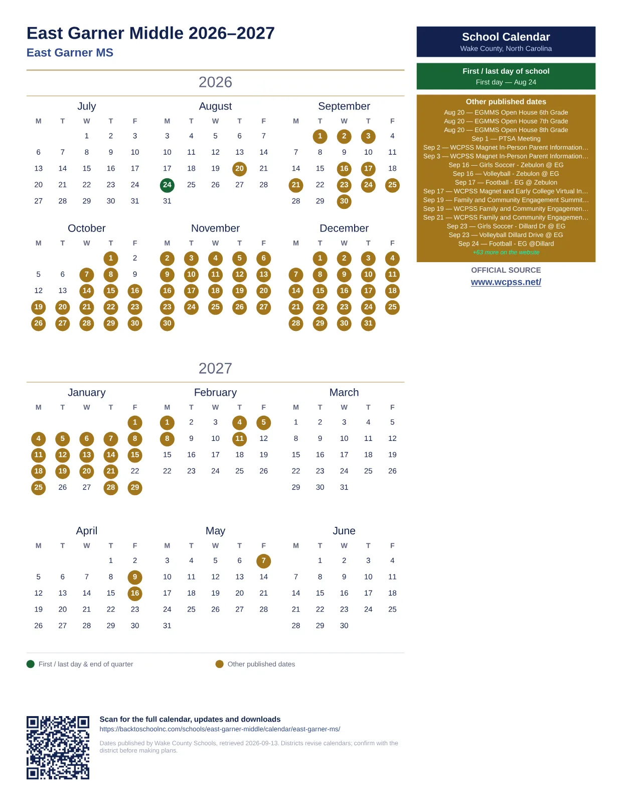 East Garner Middle 2026–2027 printable calendar