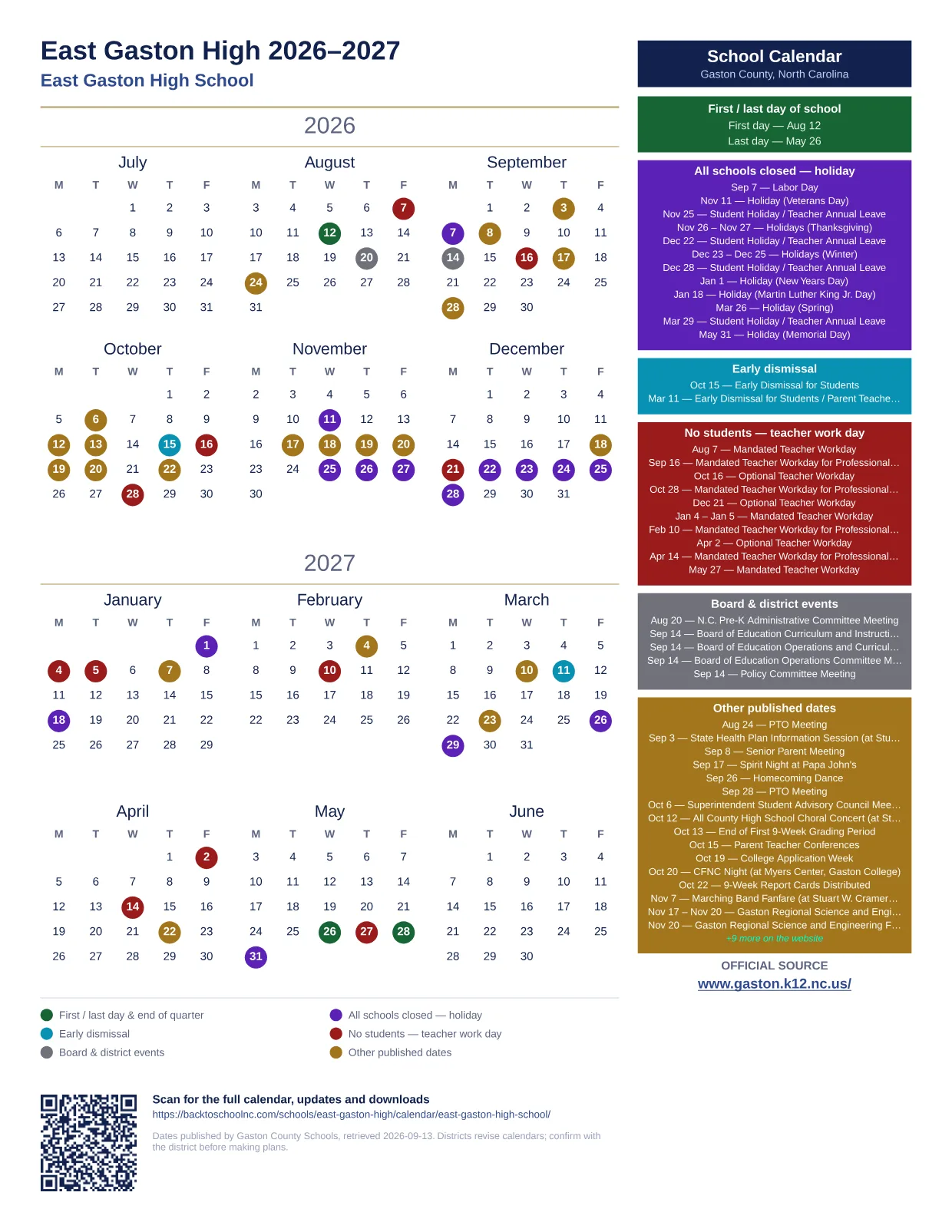 East Gaston High 2026–2027 printable calendar