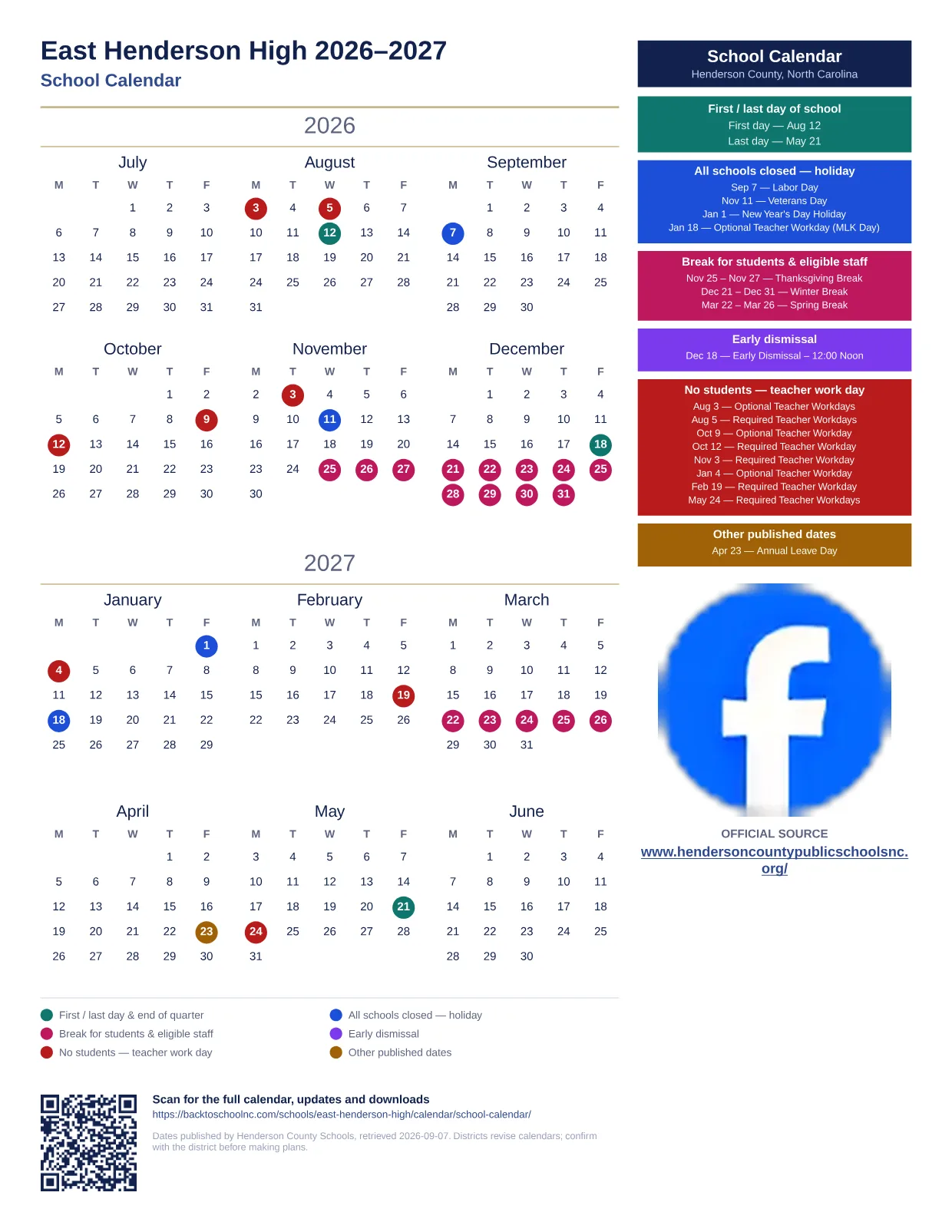 East Henderson High 2026–2027 printable calendar