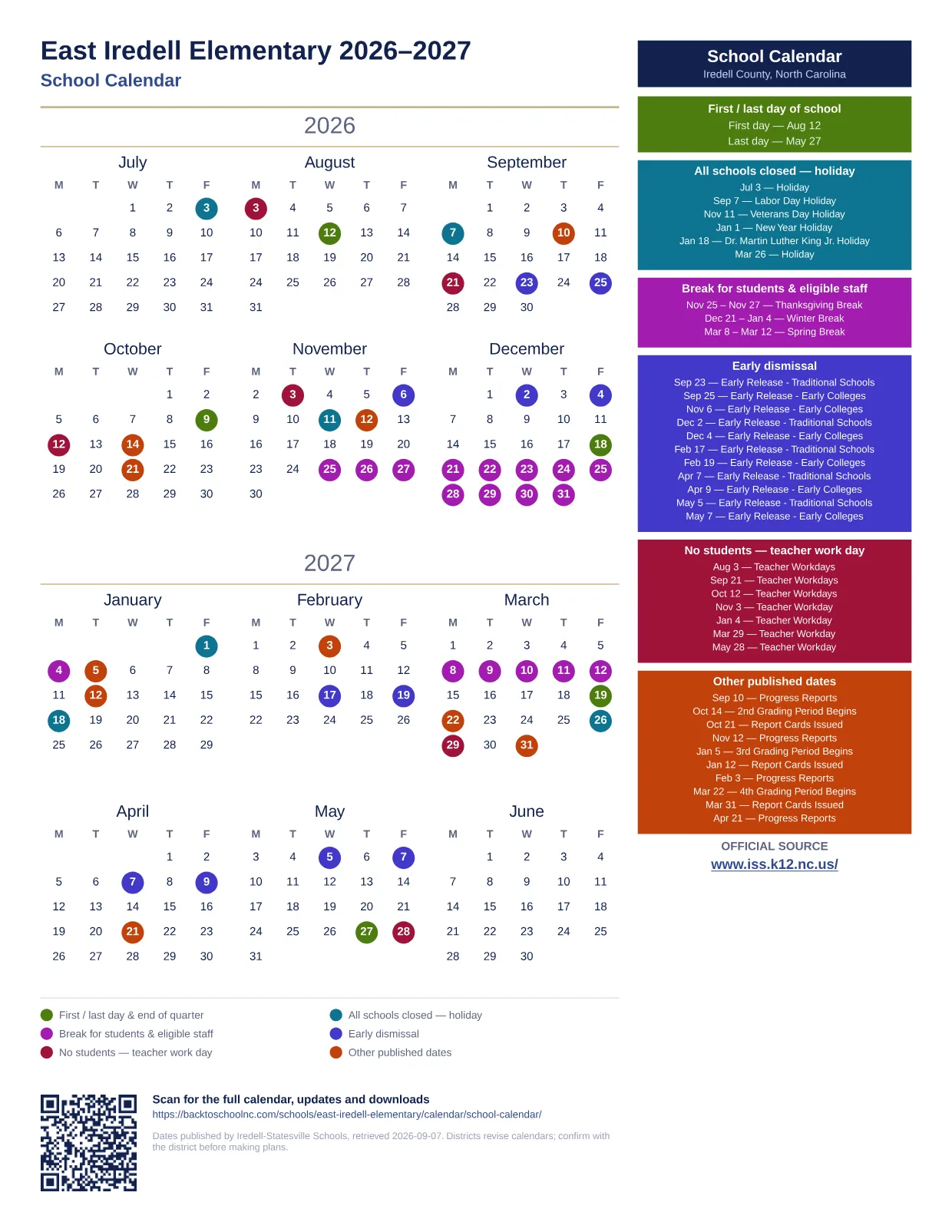 East Iredell Elementary 2026–2027 printable calendar
