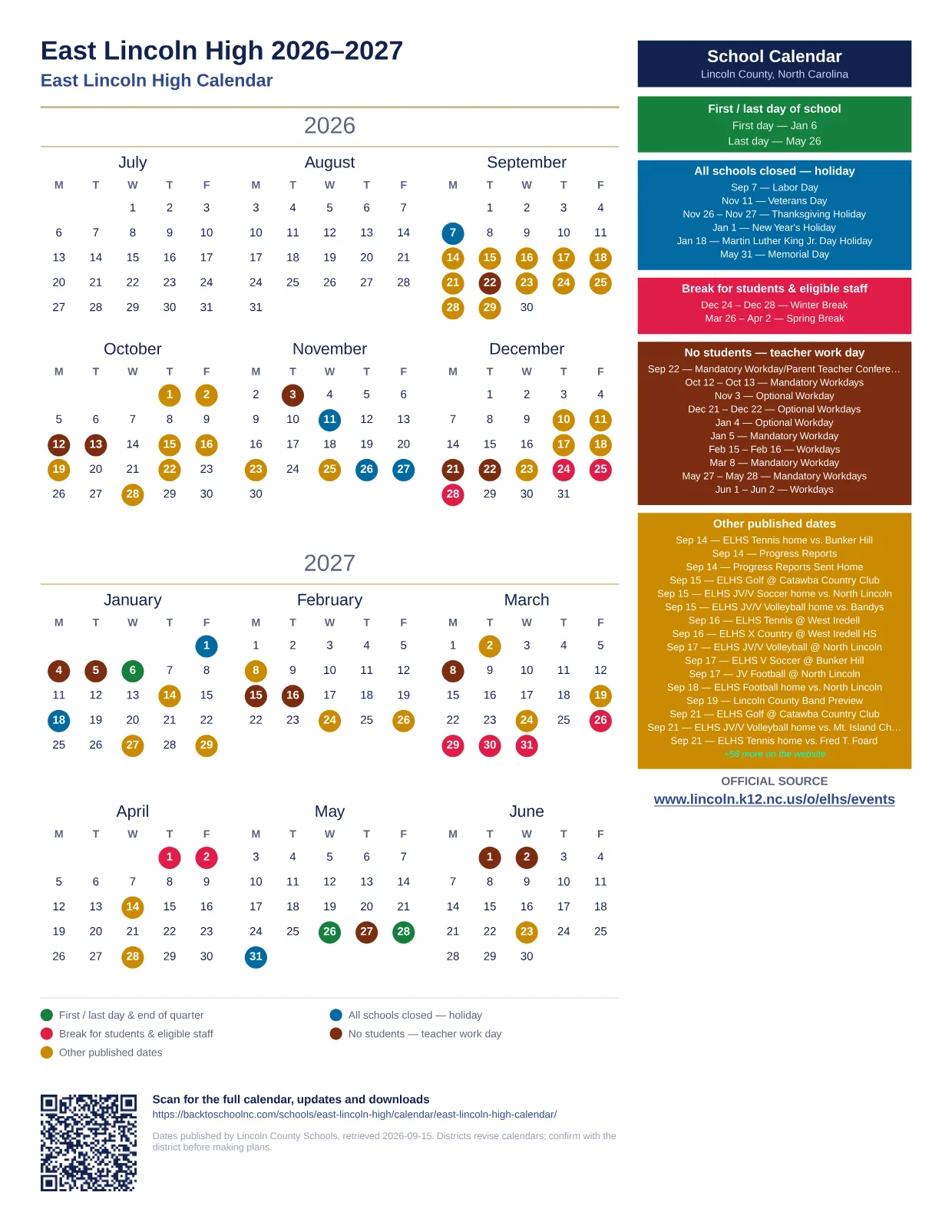 East Lincoln High 2027–2028 printable calendar