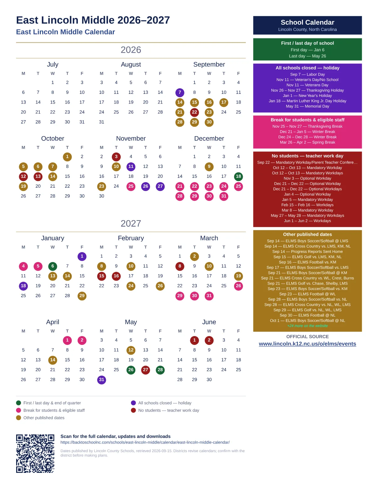 East Lincoln Middle 2027–2028 printable calendar