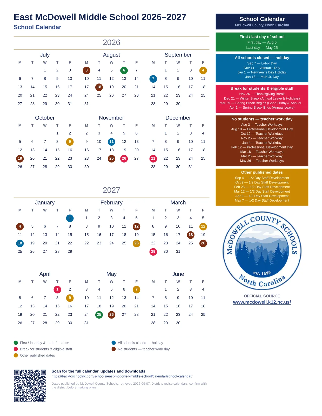 East McDowell Middle School 2026–2027 printable calendar