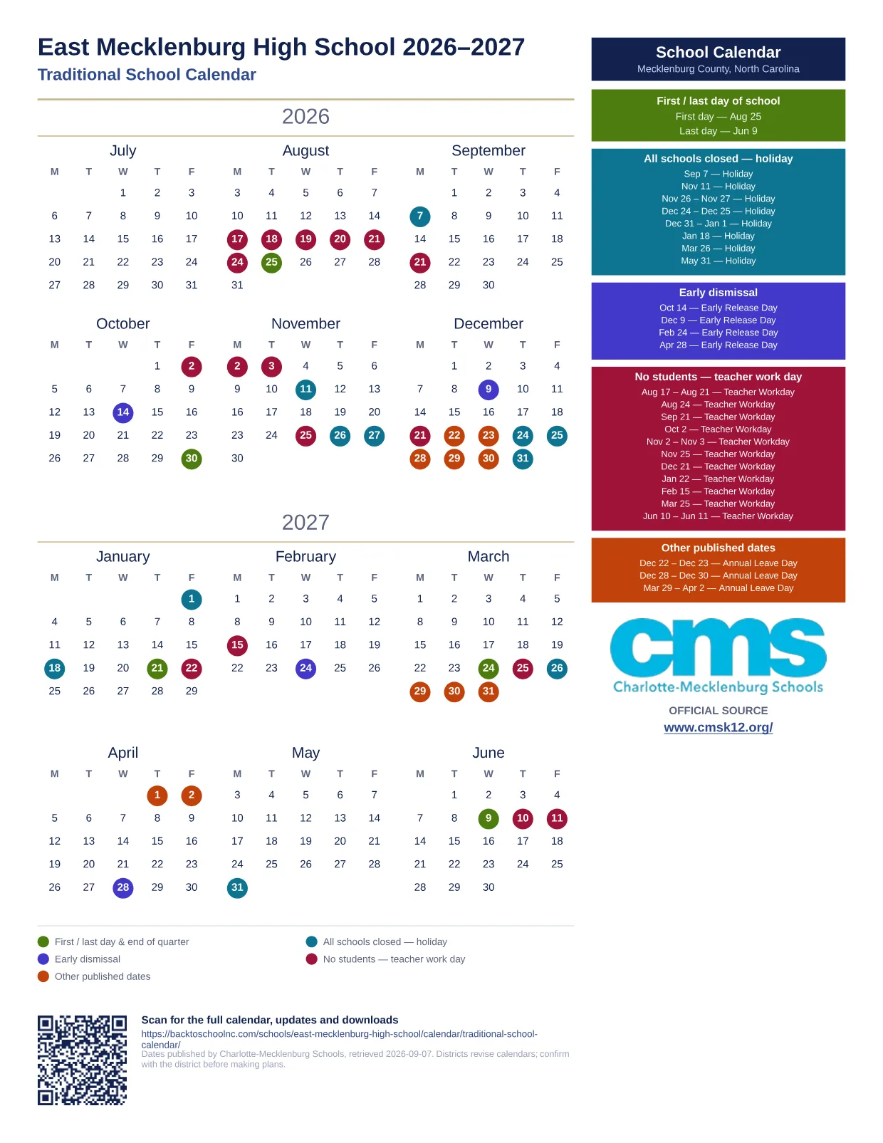 East Mecklenburg High School 2026–2027 printable calendar