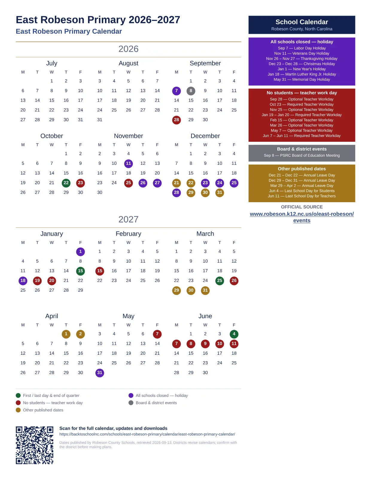 East Robeson Primary  printable calendar