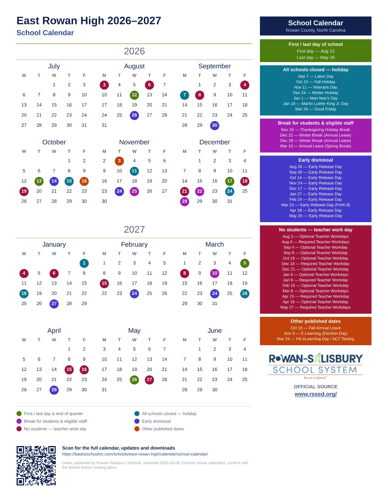 East Rowan High 2026–2027 printable calendar