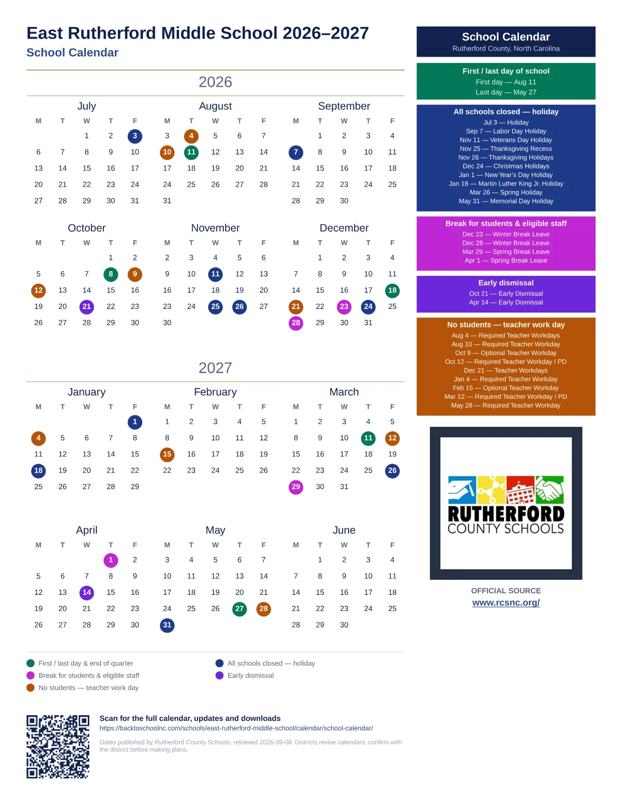 East Rutherford Middle School 2026–2027 printable calendar