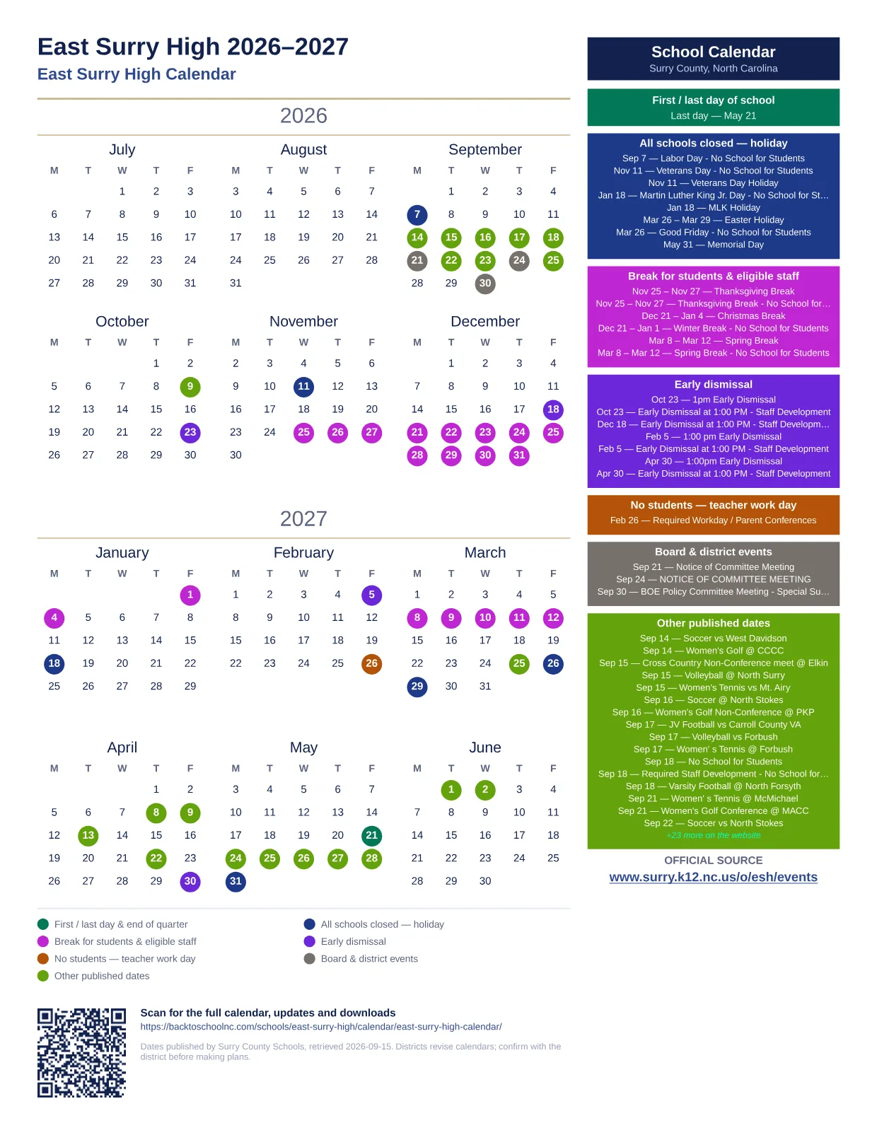 East Surry High  printable calendar