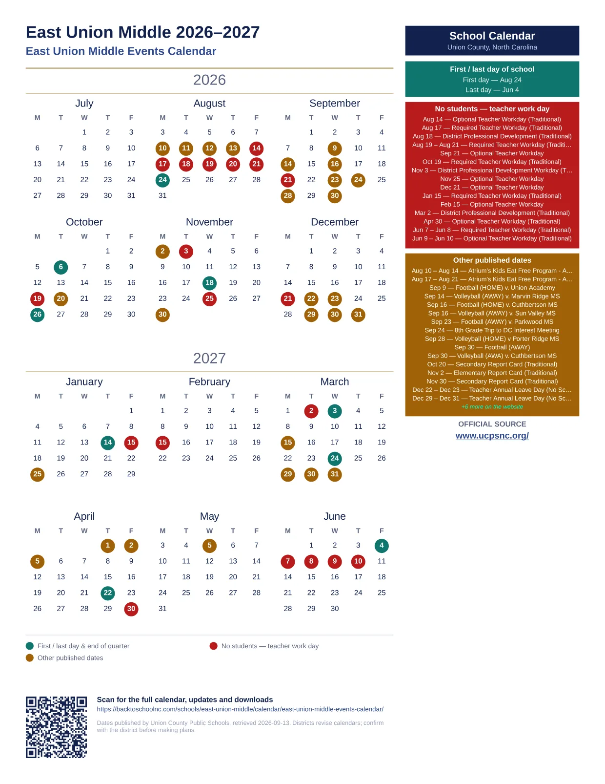 East Union Middle 2026–2027 printable calendar