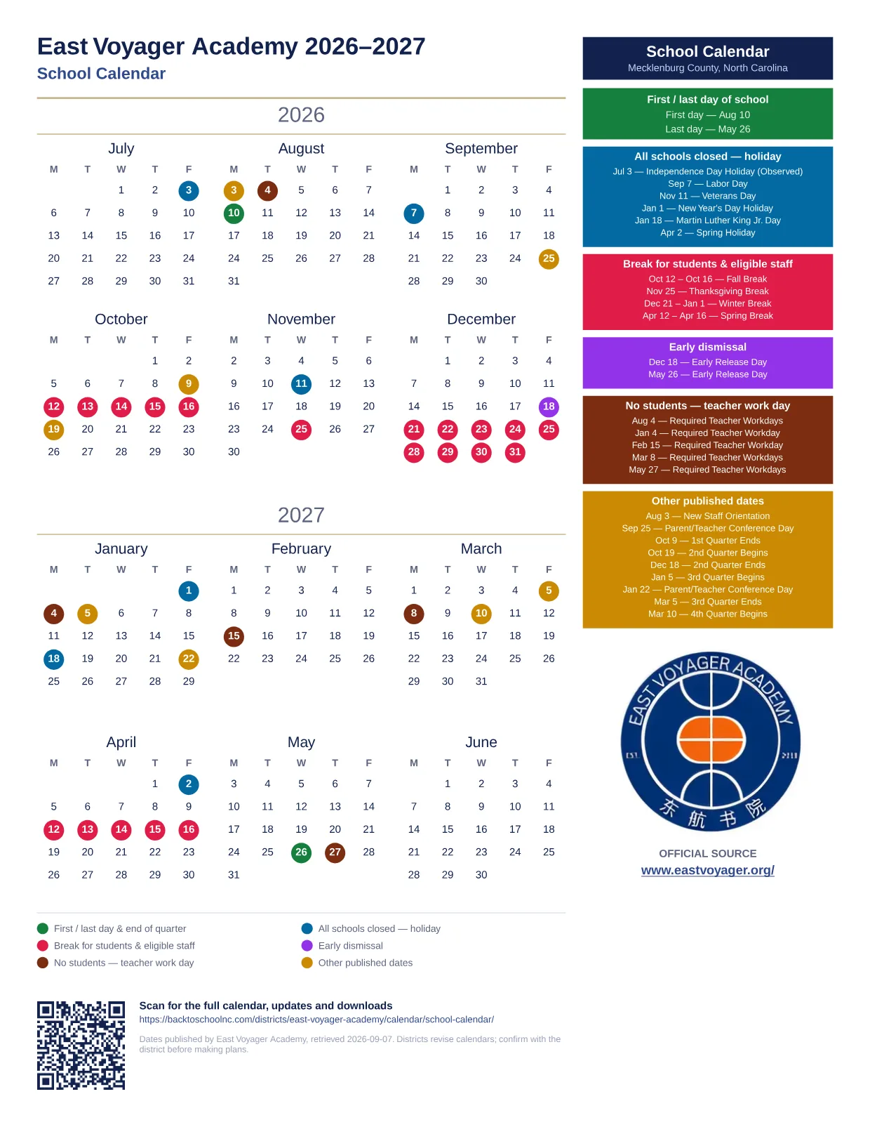 East Voyager Academy School Calendar 2026–2027 printable calendar