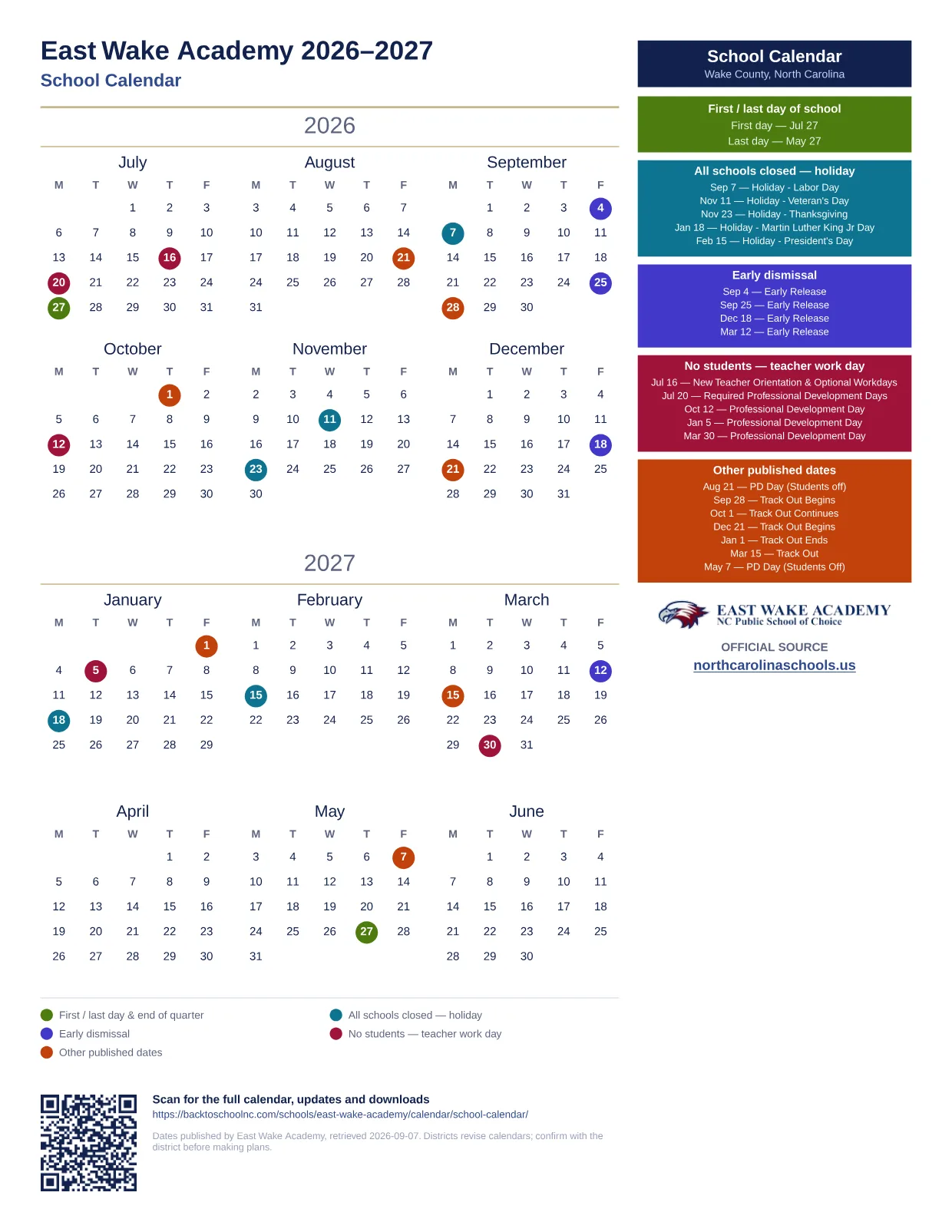 East Wake Academy School Calendar 2026–2027 printable calendar