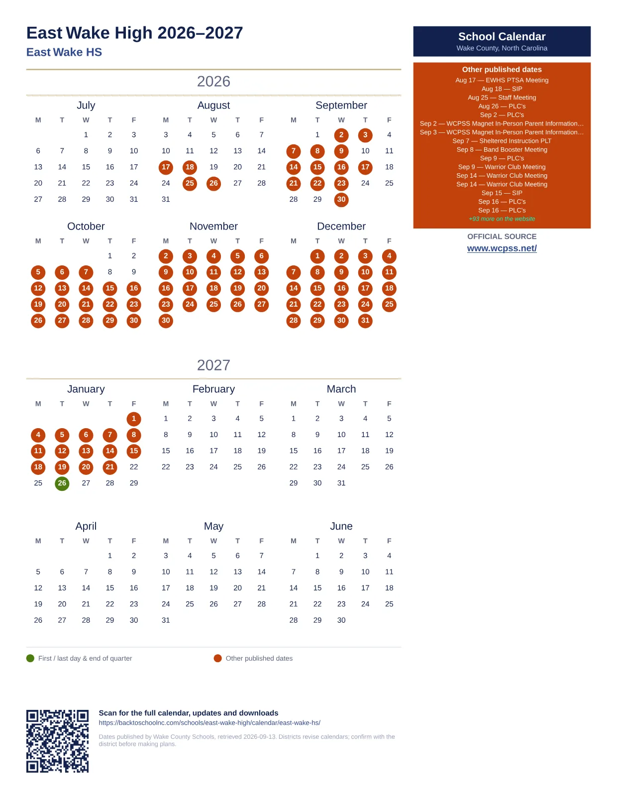 East Wake High printable calendar