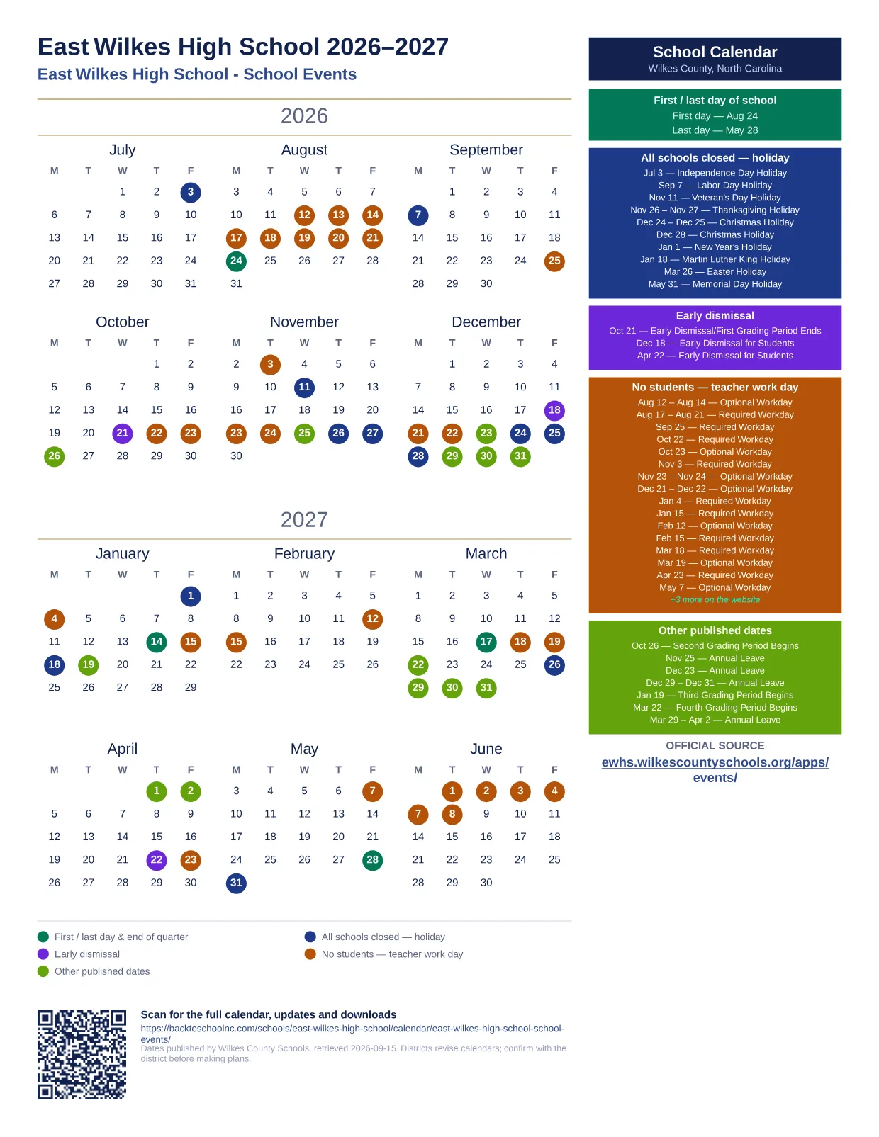East Wilkes High School 2026–2027 printable calendar