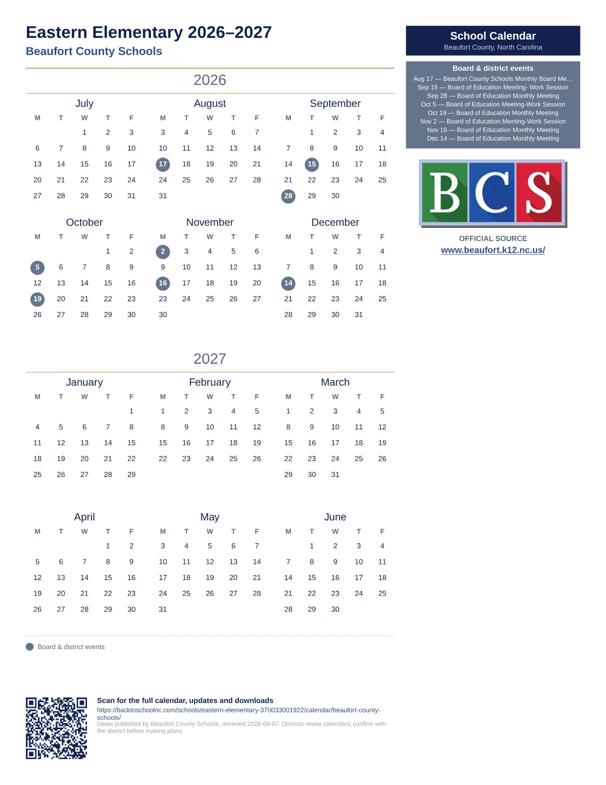 Eastern Elementary printable calendar
