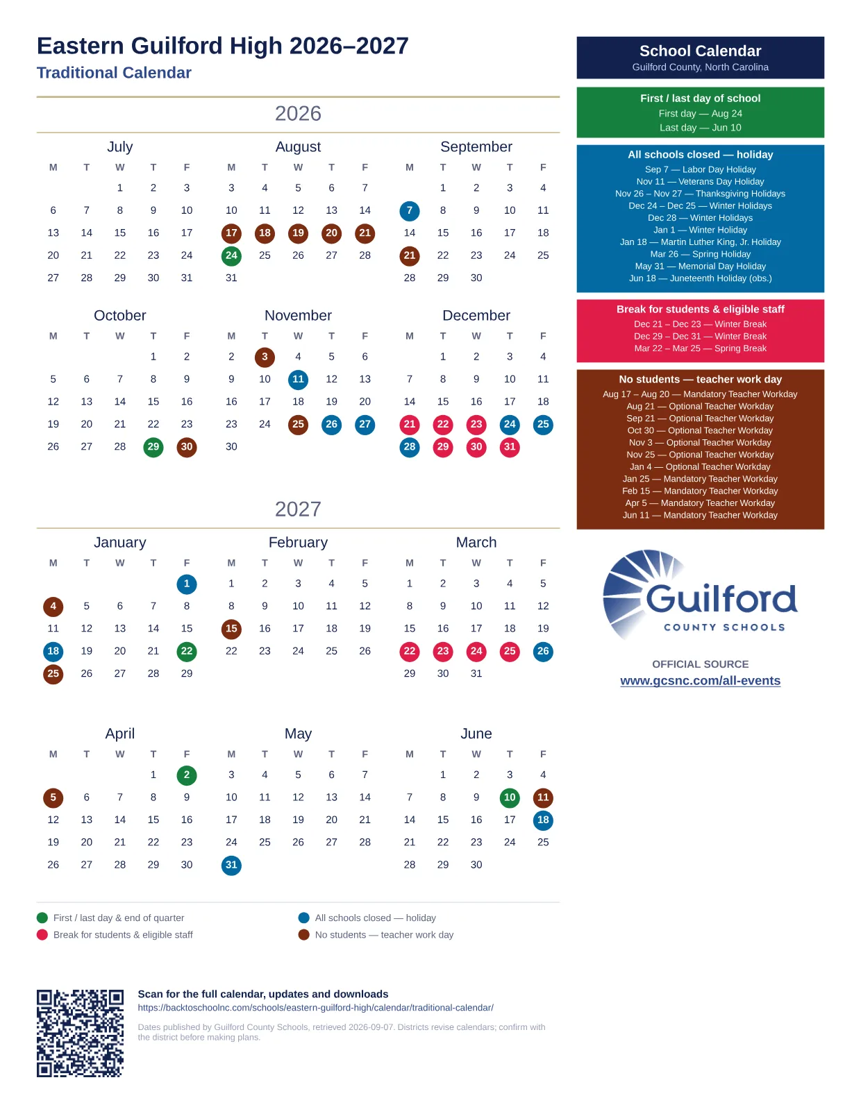 Eastern Guilford High 2026–2027 printable calendar