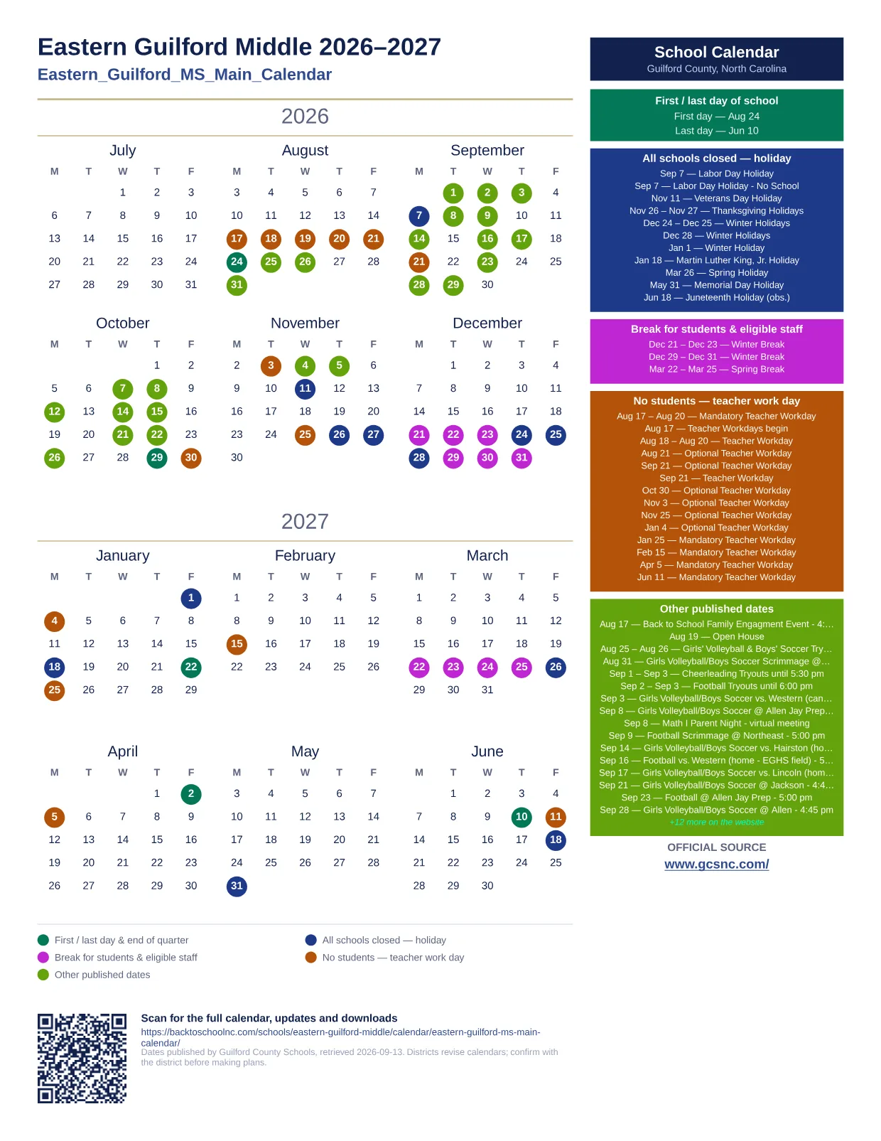 Eastern Guilford Middle 2026–2027 printable calendar