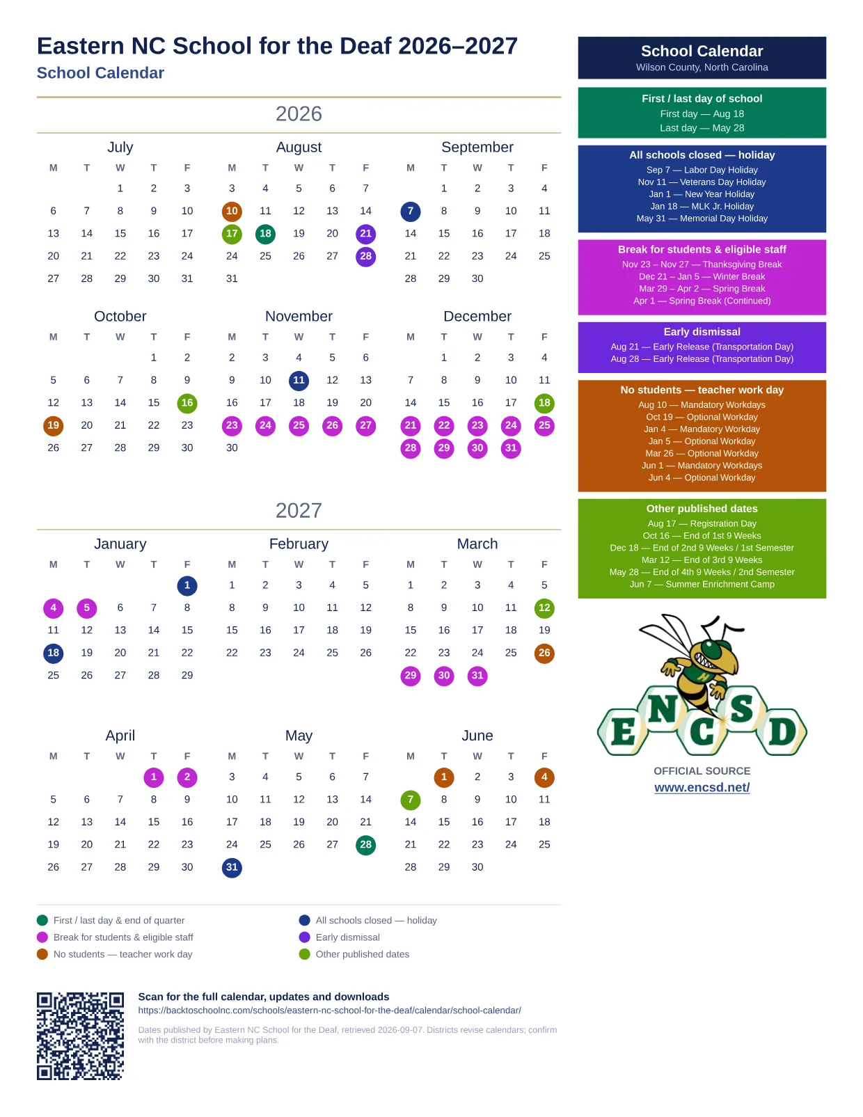 Eastern NC School for the Deaf School Calendar 2026–2027 printable calendar