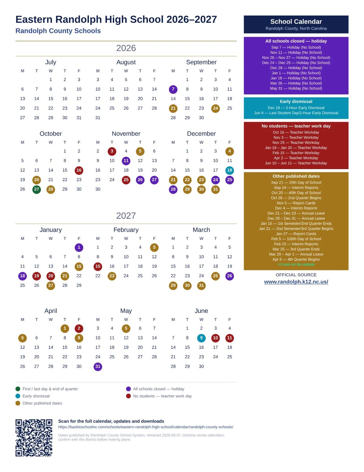 Eastern Randolph High School printable calendar