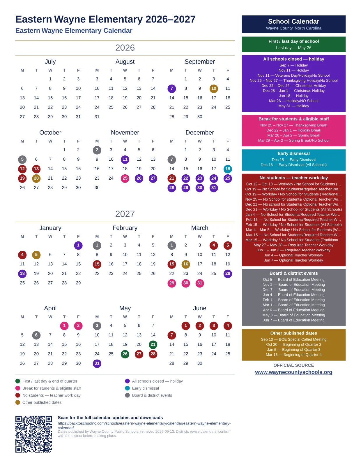 Eastern Wayne Elementary  printable calendar