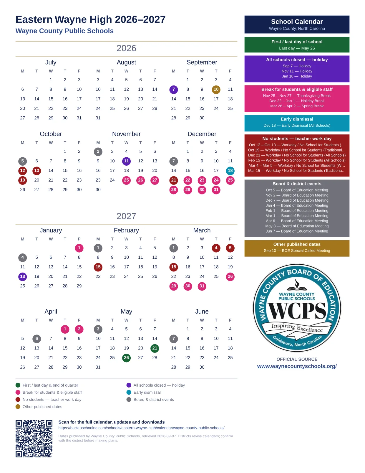 Eastern Wayne High  printable calendar