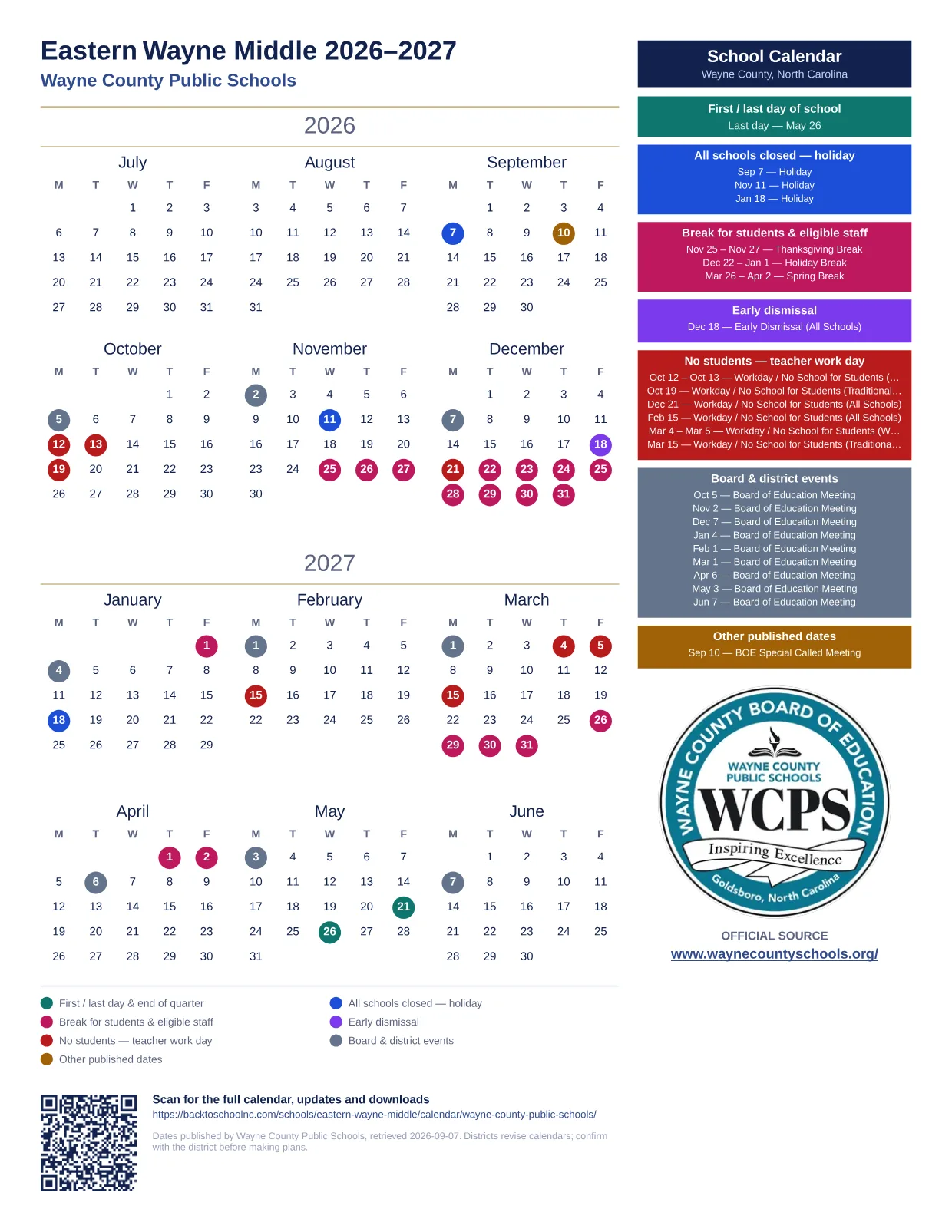 Eastern Wayne Middle  printable calendar