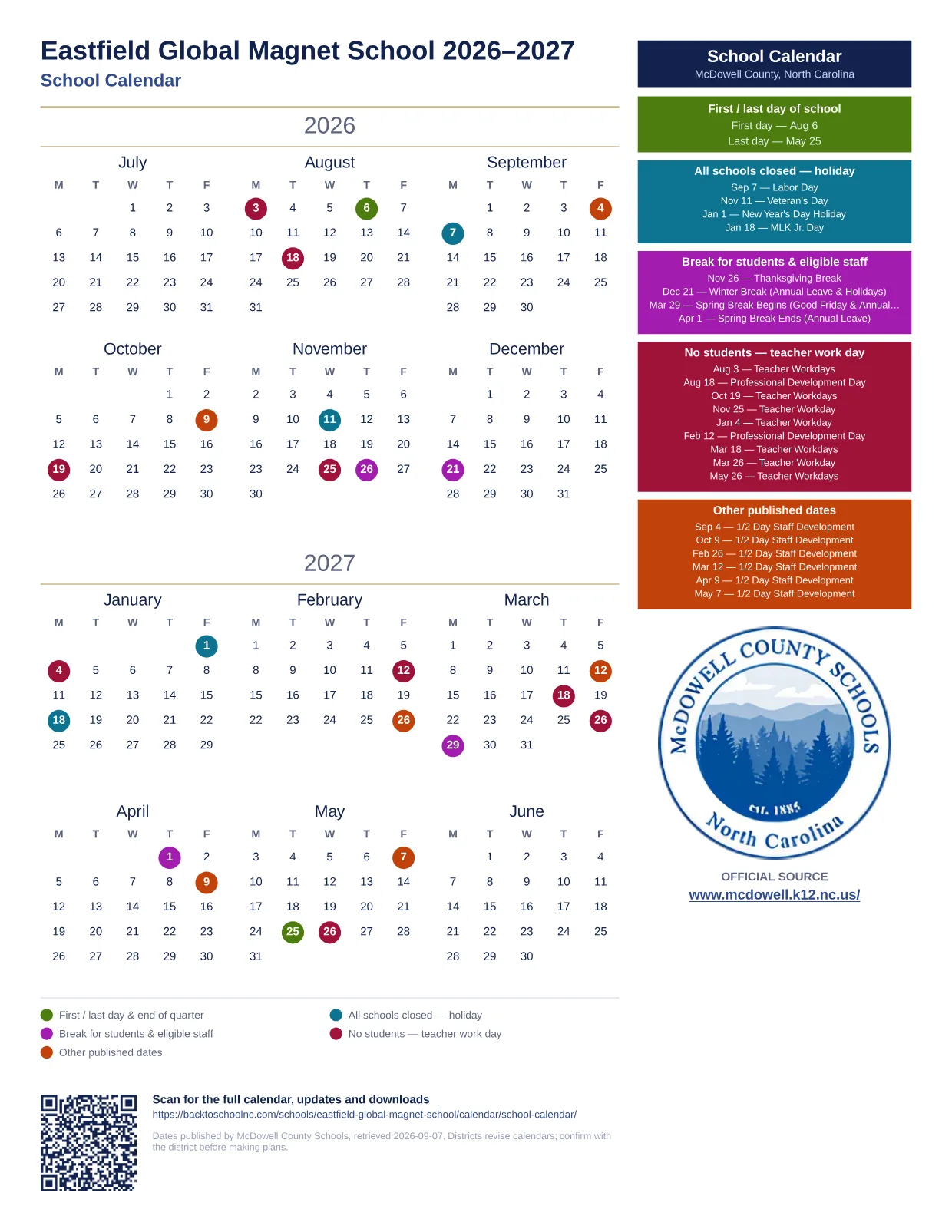Eastfield Global Magnet School 2026–2027 printable calendar