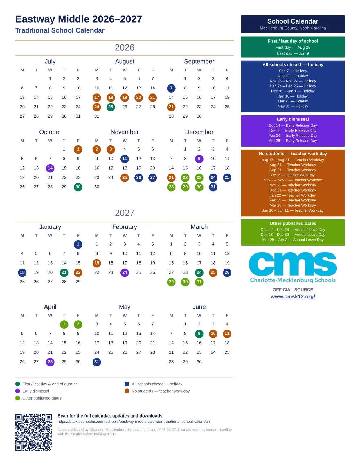 Eastway Middle 2026–2027 printable calendar