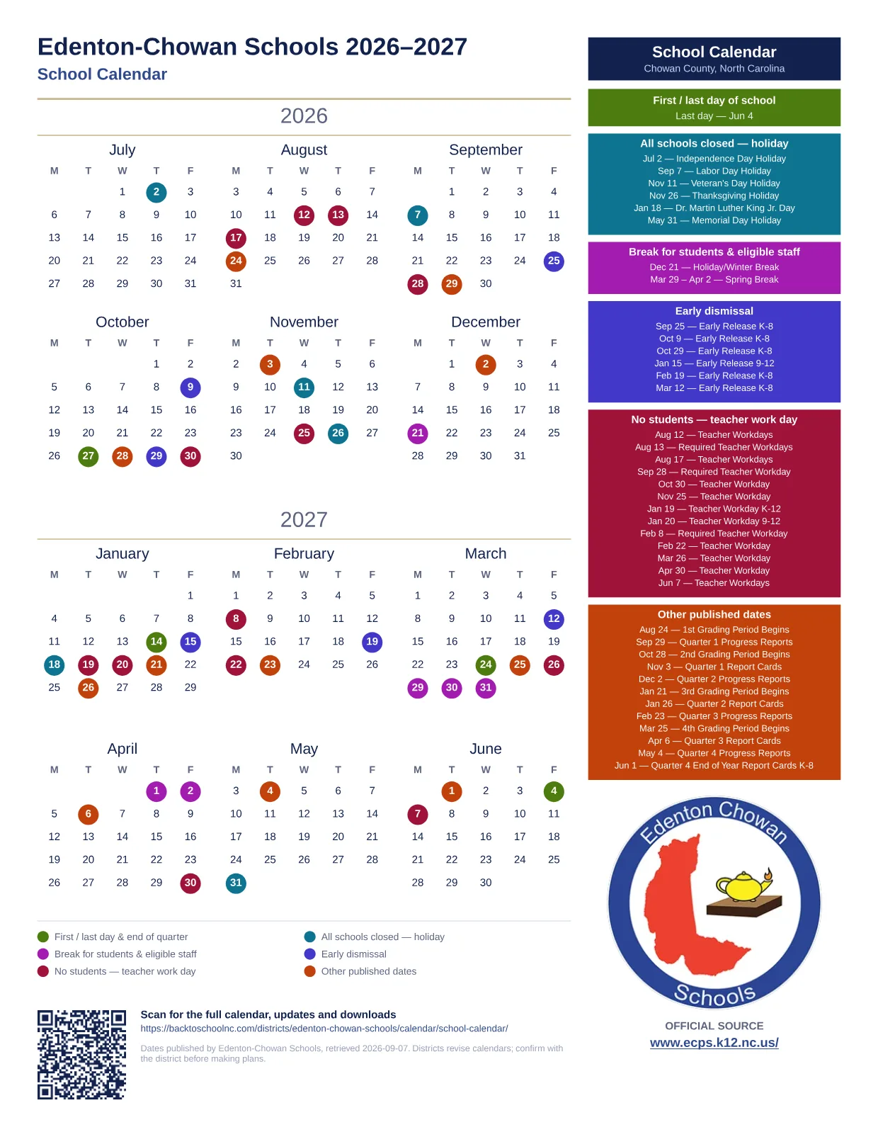 Edenton-Chowan Schools School Calendar  printable calendar