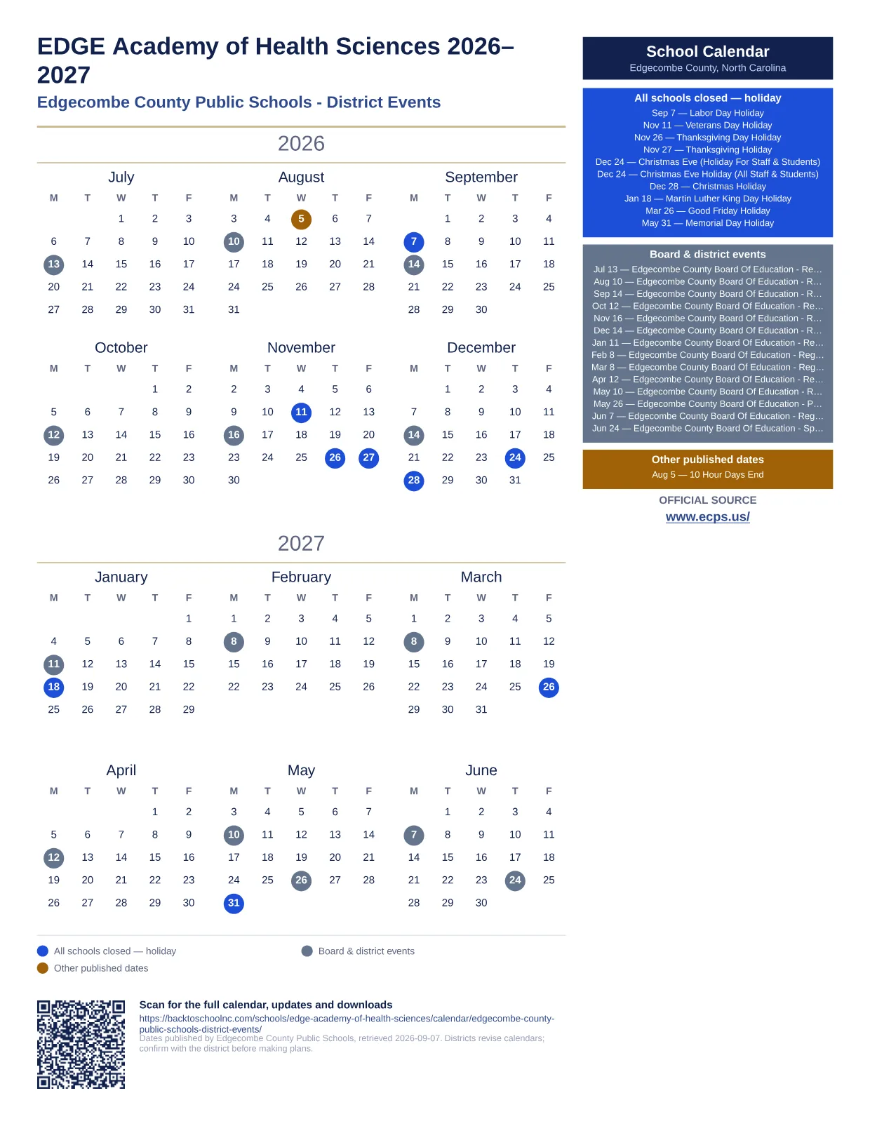 EDGE Academy of Health Sciences  printable calendar