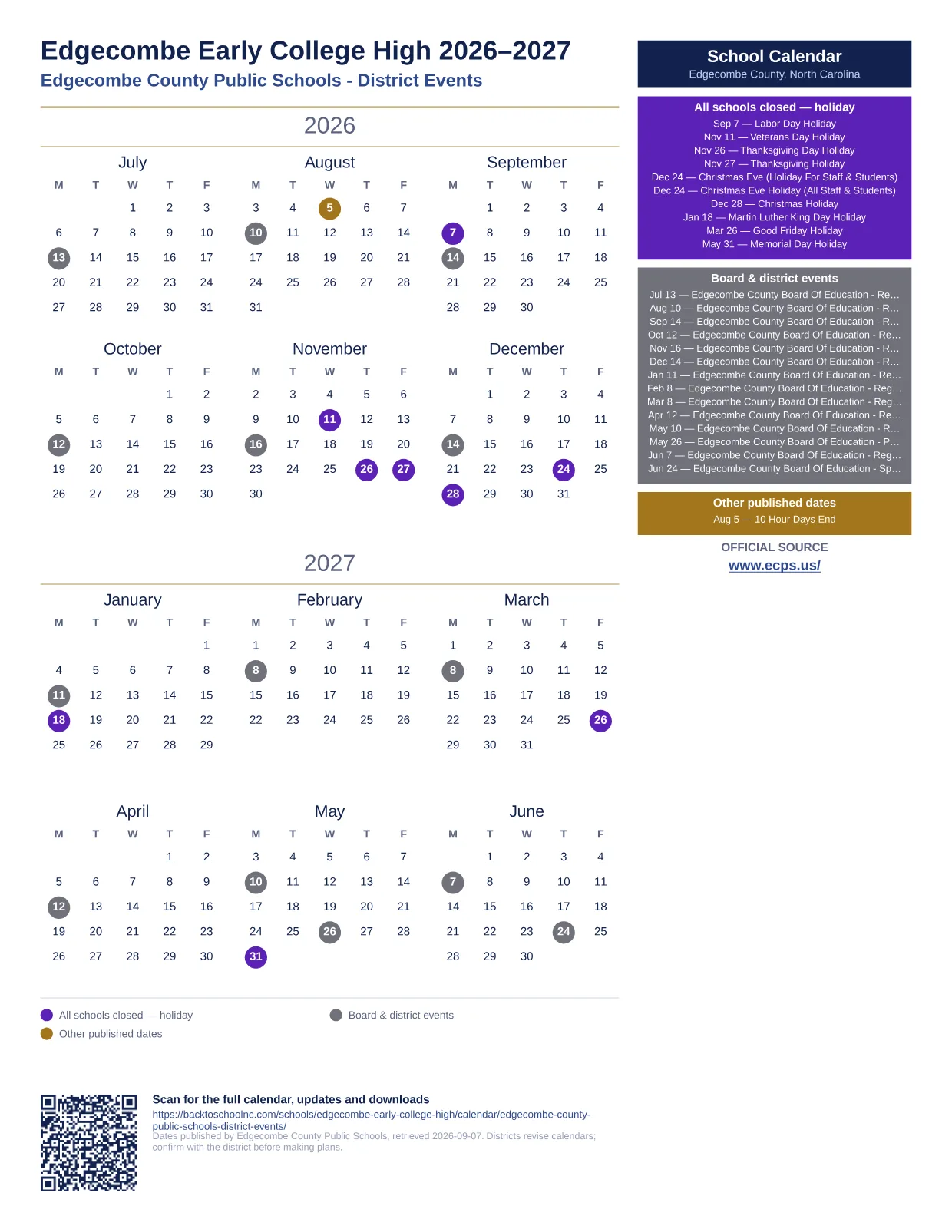 Edgecombe Early College High  printable calendar