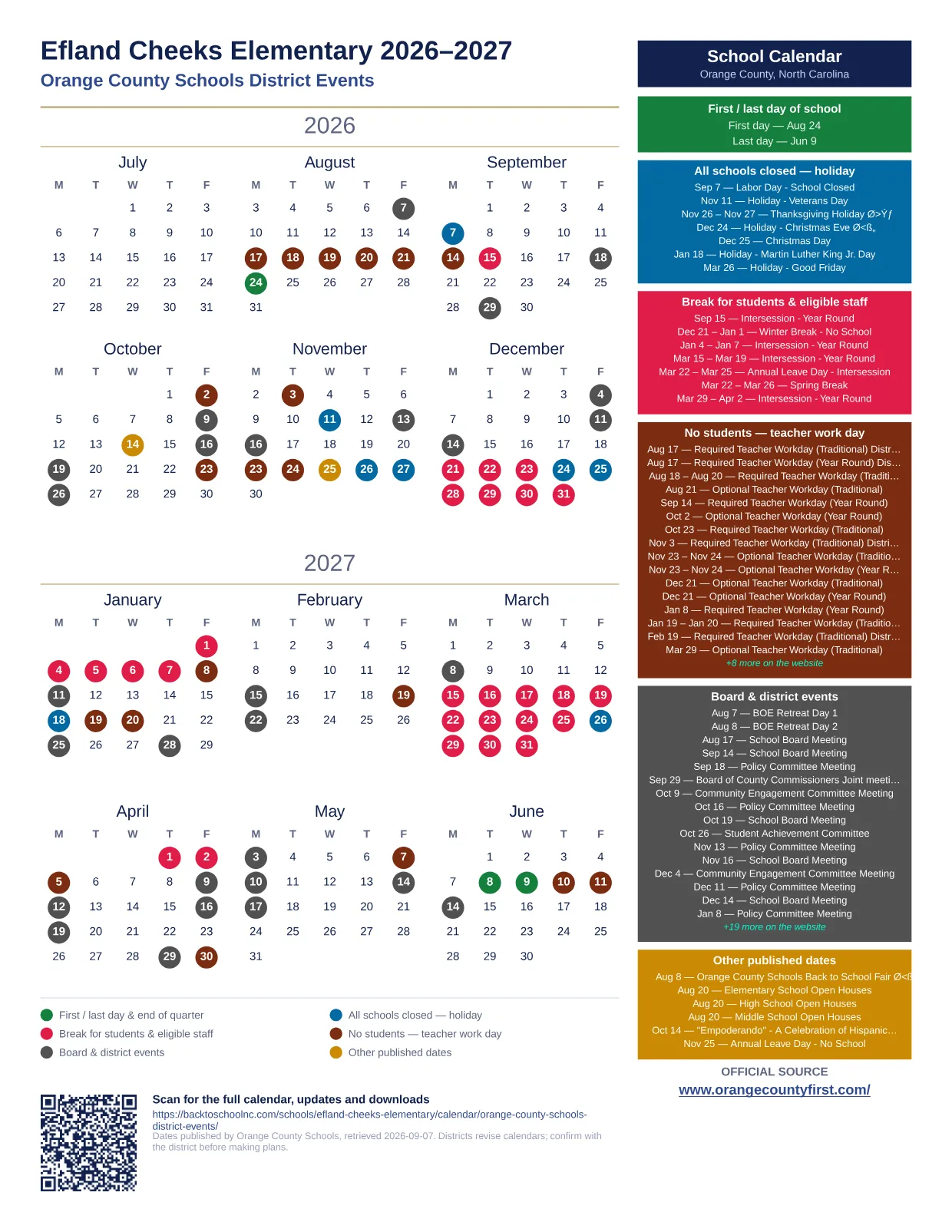 Efland Cheeks Elementary 2026–2027 printable calendar