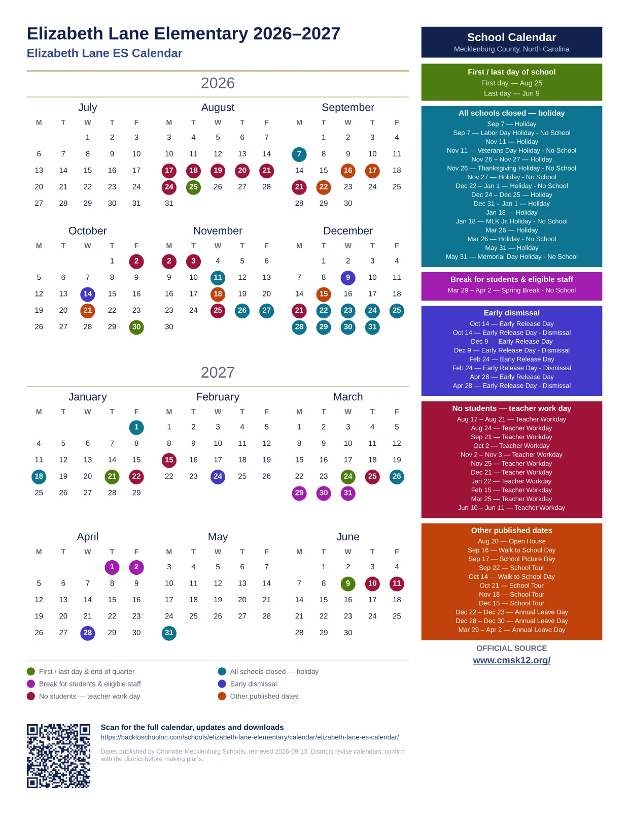 Elizabeth Lane Elementary 2026–2027 printable calendar