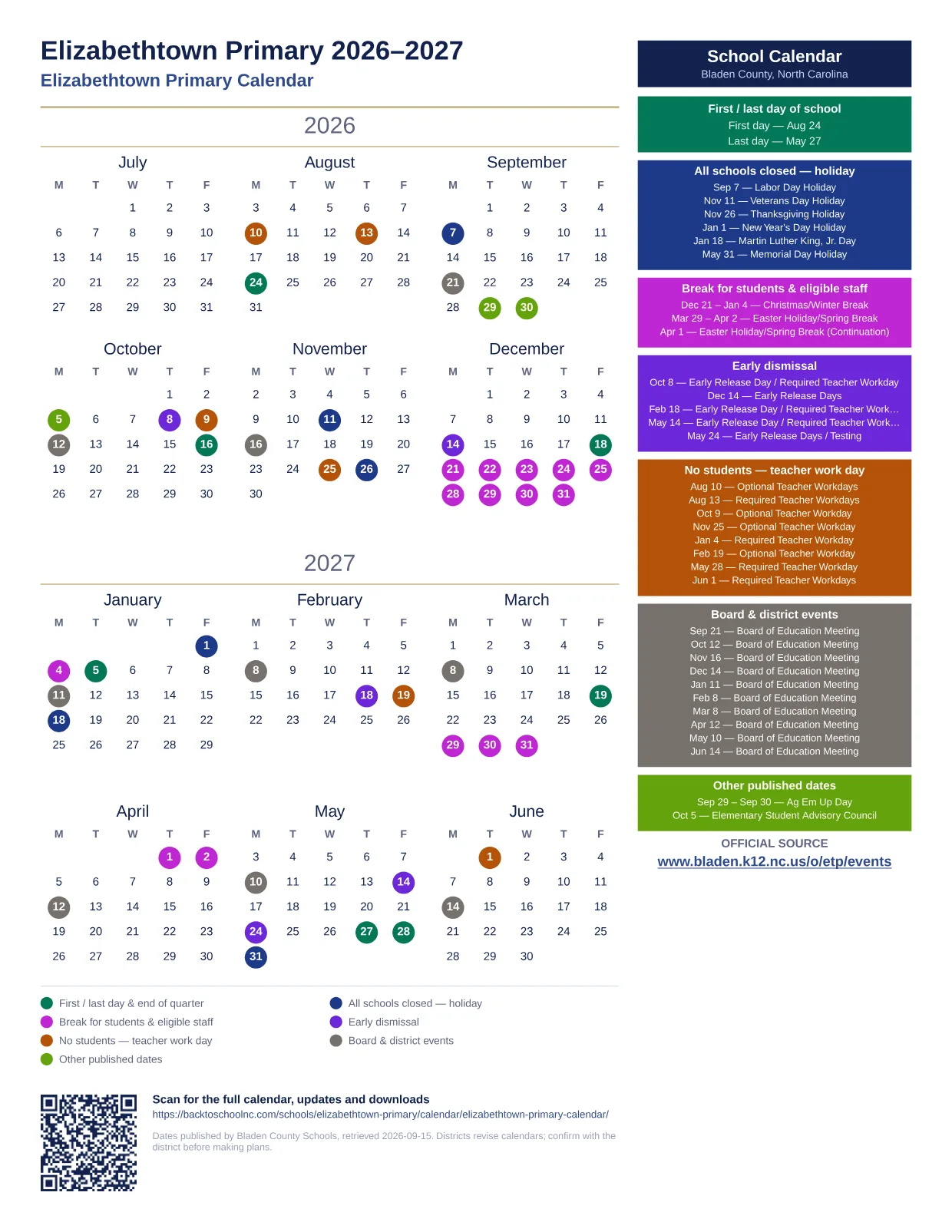 Elizabethtown Primary 2026–2027 printable calendar