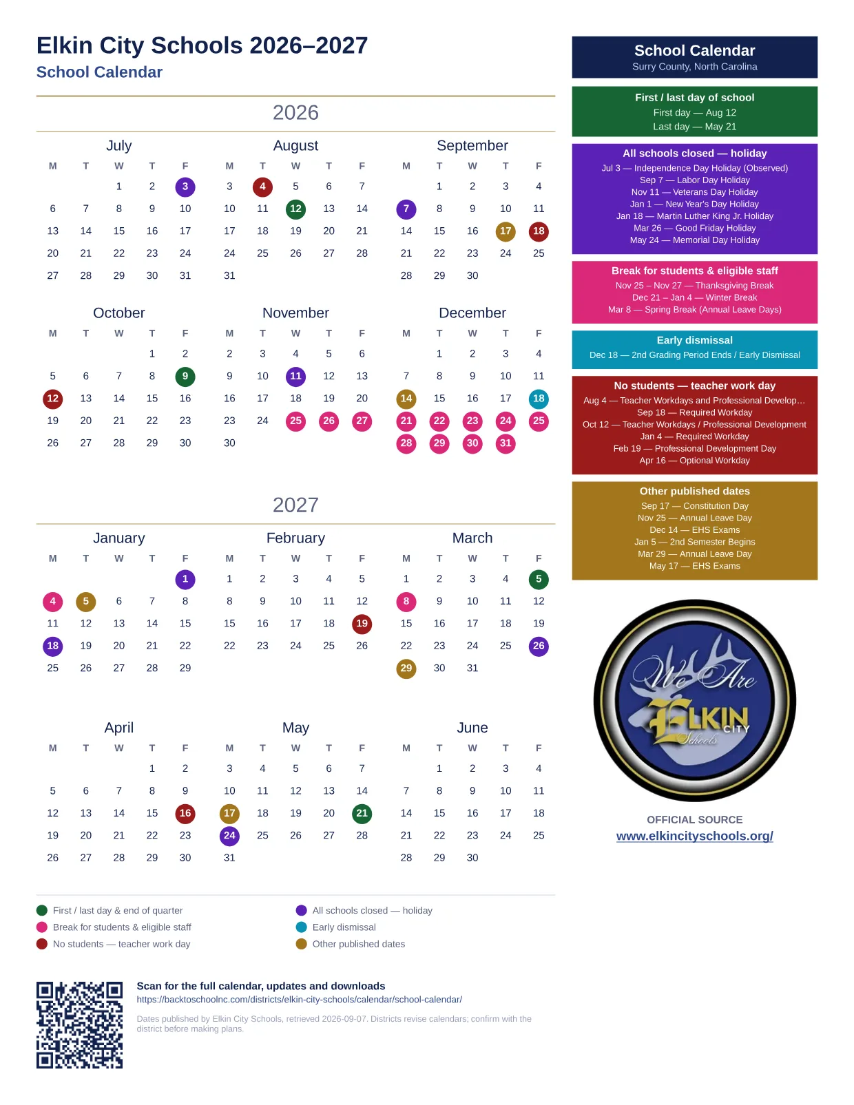 Elkin City Schools School Calendar 2026–2027 printable calendar