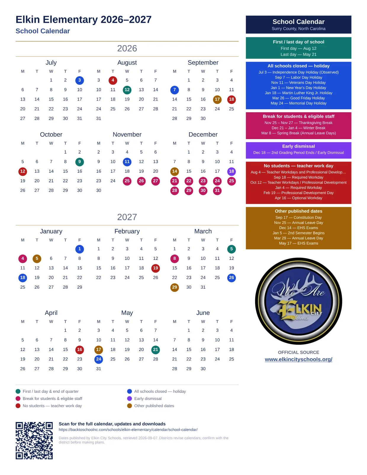 Elkin Elementary 2026–2027 printable calendar