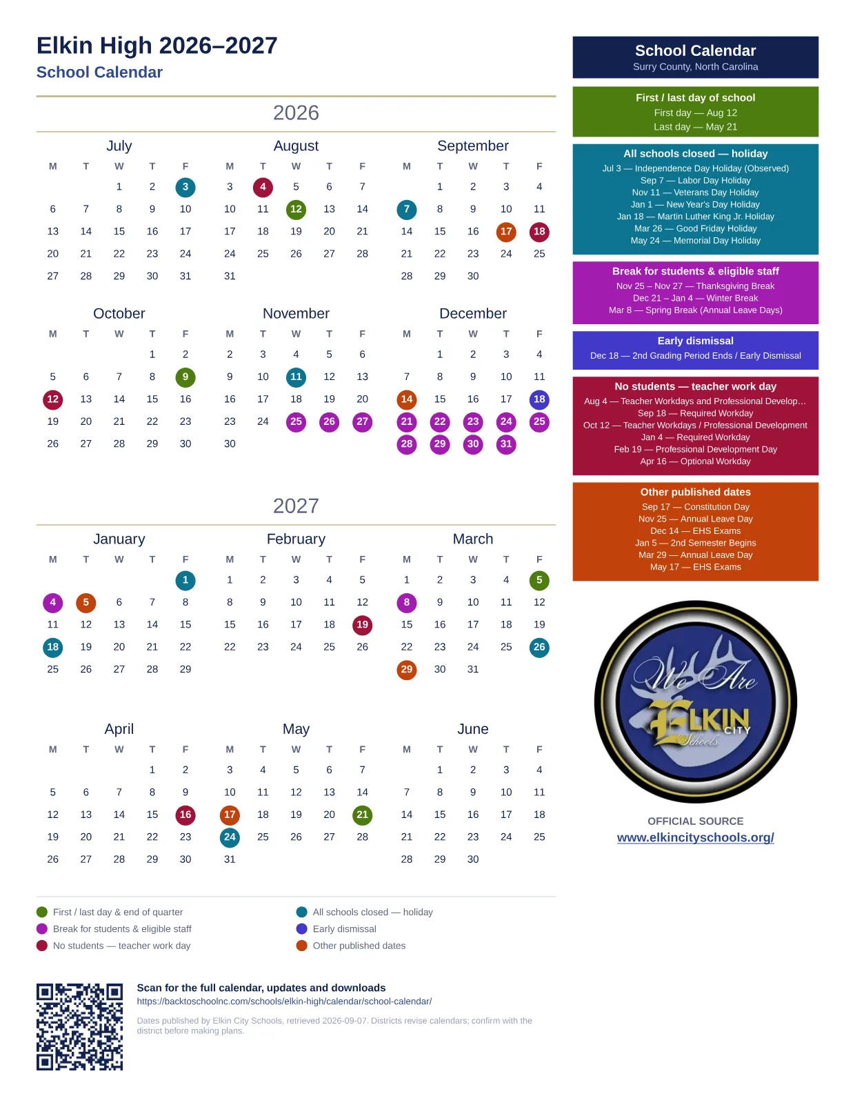 Elkin High 2026–2027 printable calendar