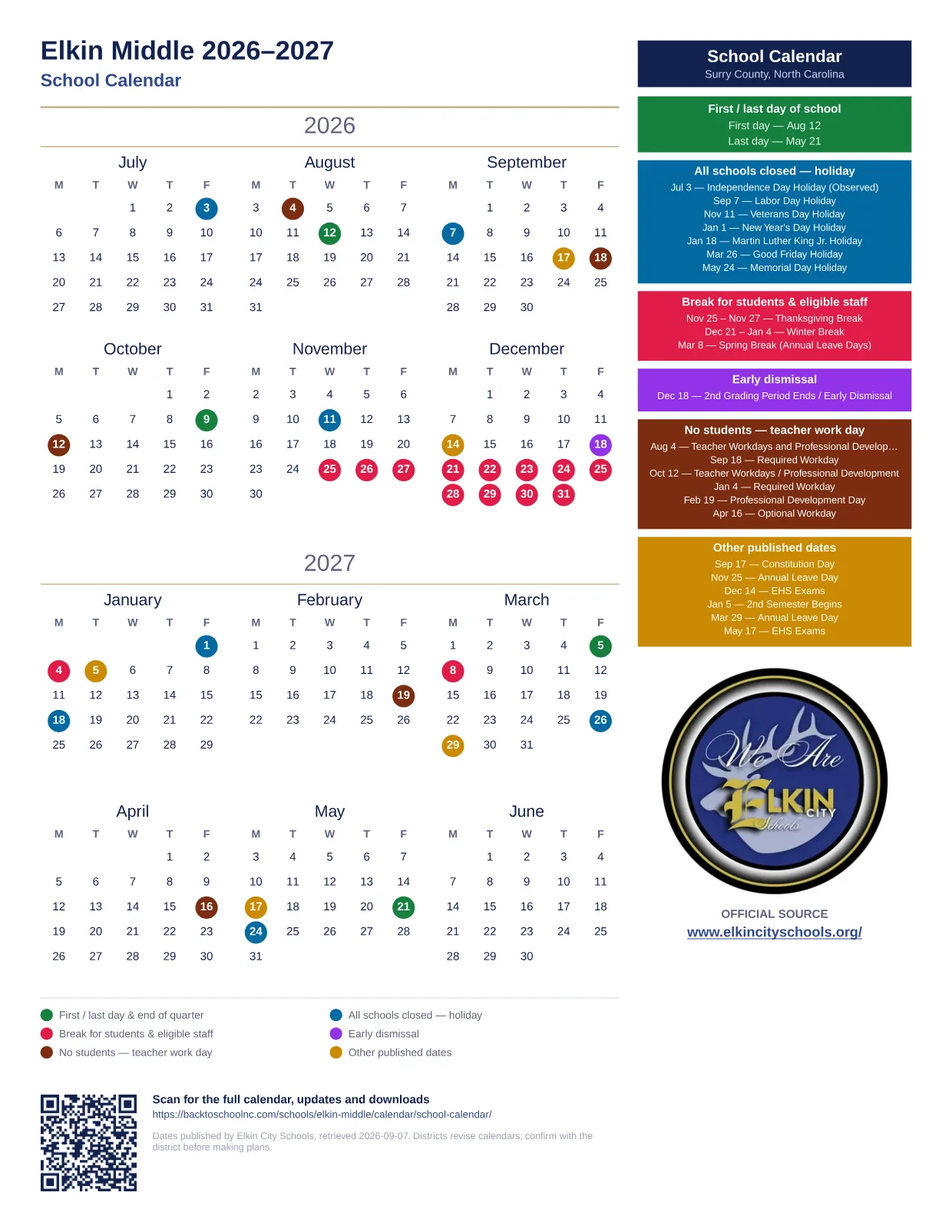 Elkin Middle 2026–2027 printable calendar