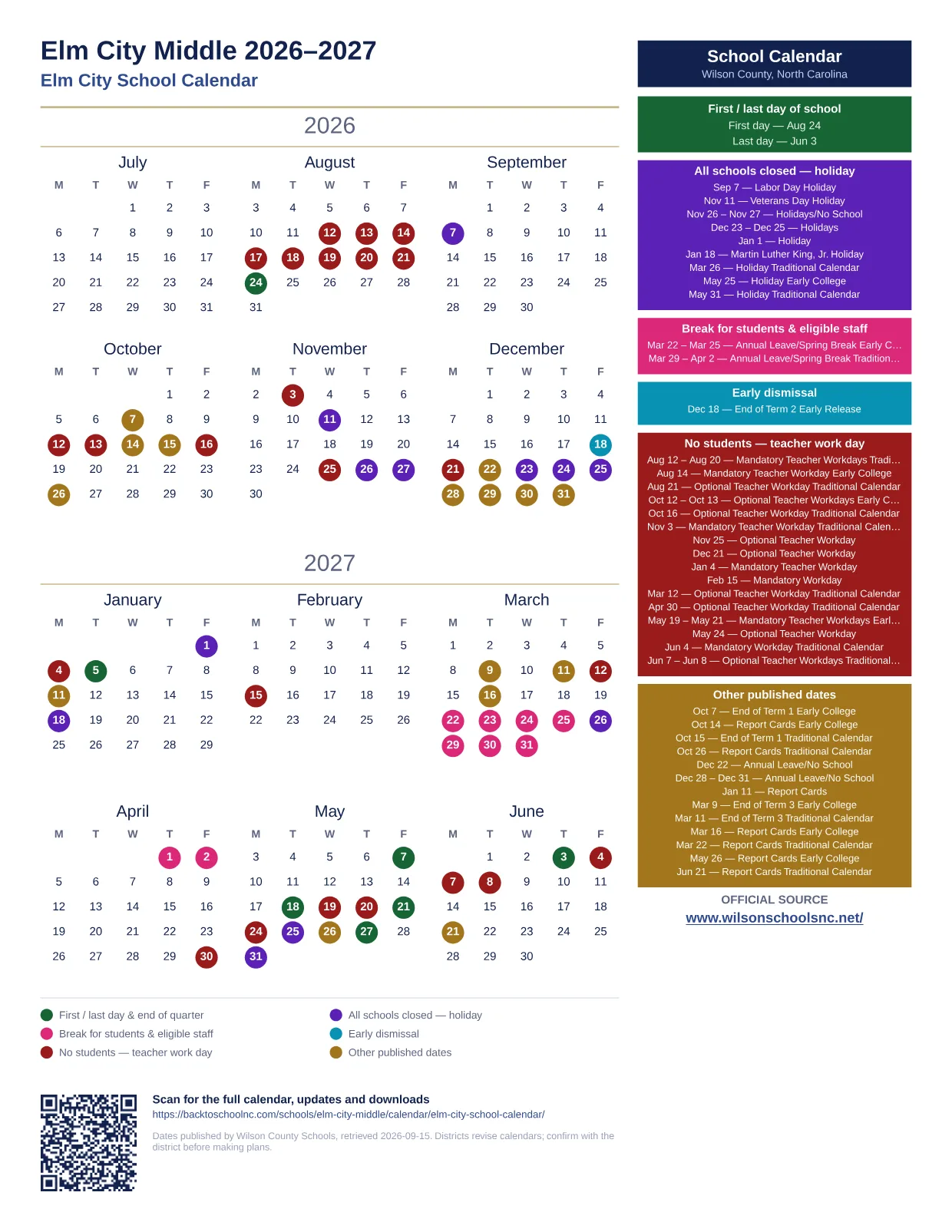 Elm City Middle 2026–2027 printable calendar