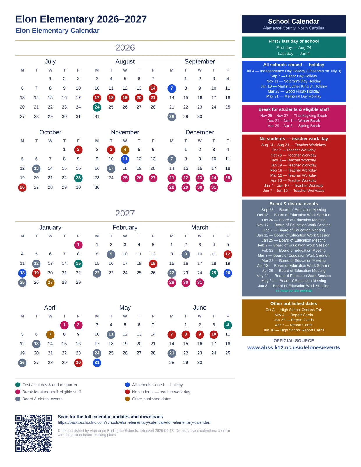 Elon Elementary 2026–2027 printable calendar