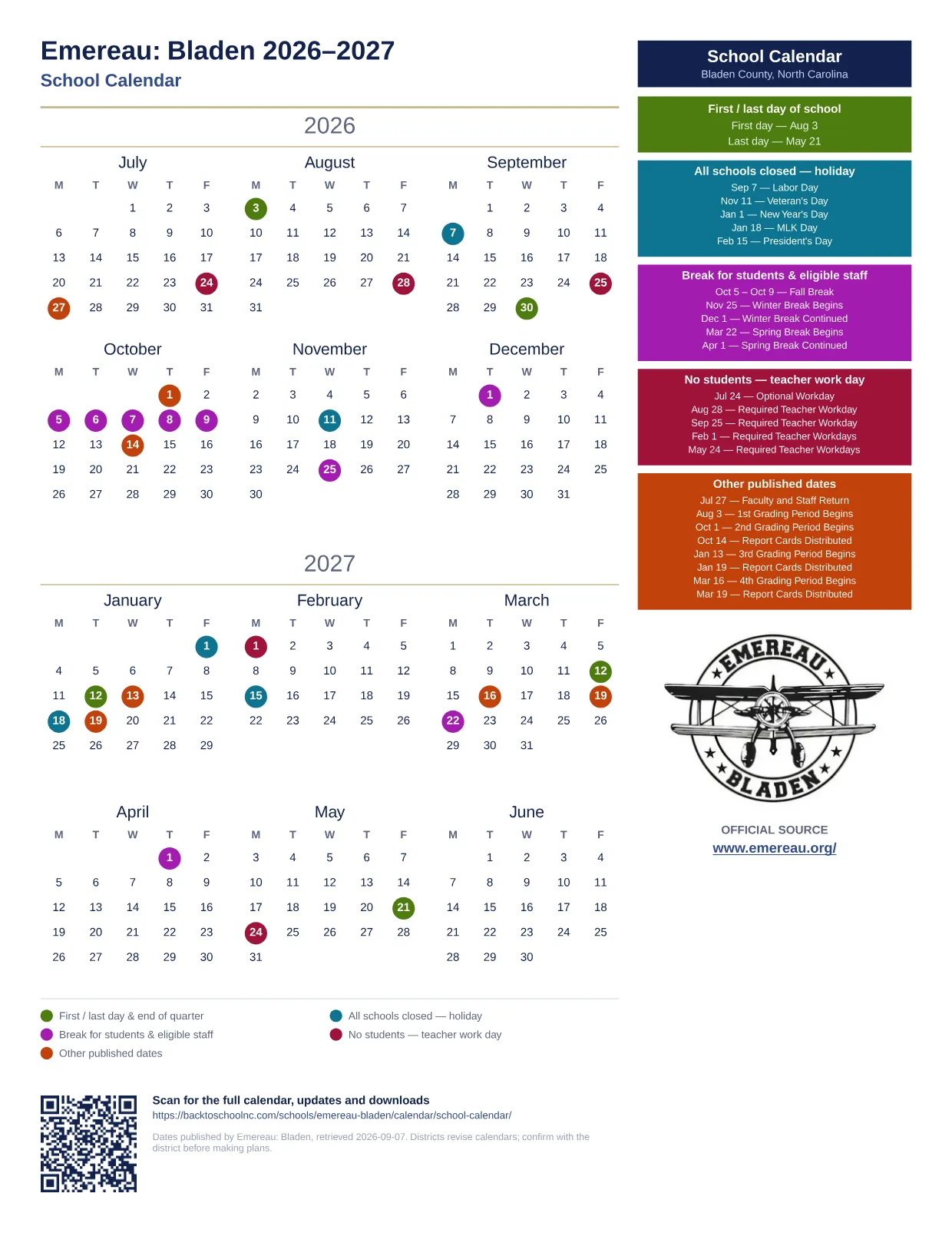 Emereau: Bladen School Calendar 2026–2027 printable calendar