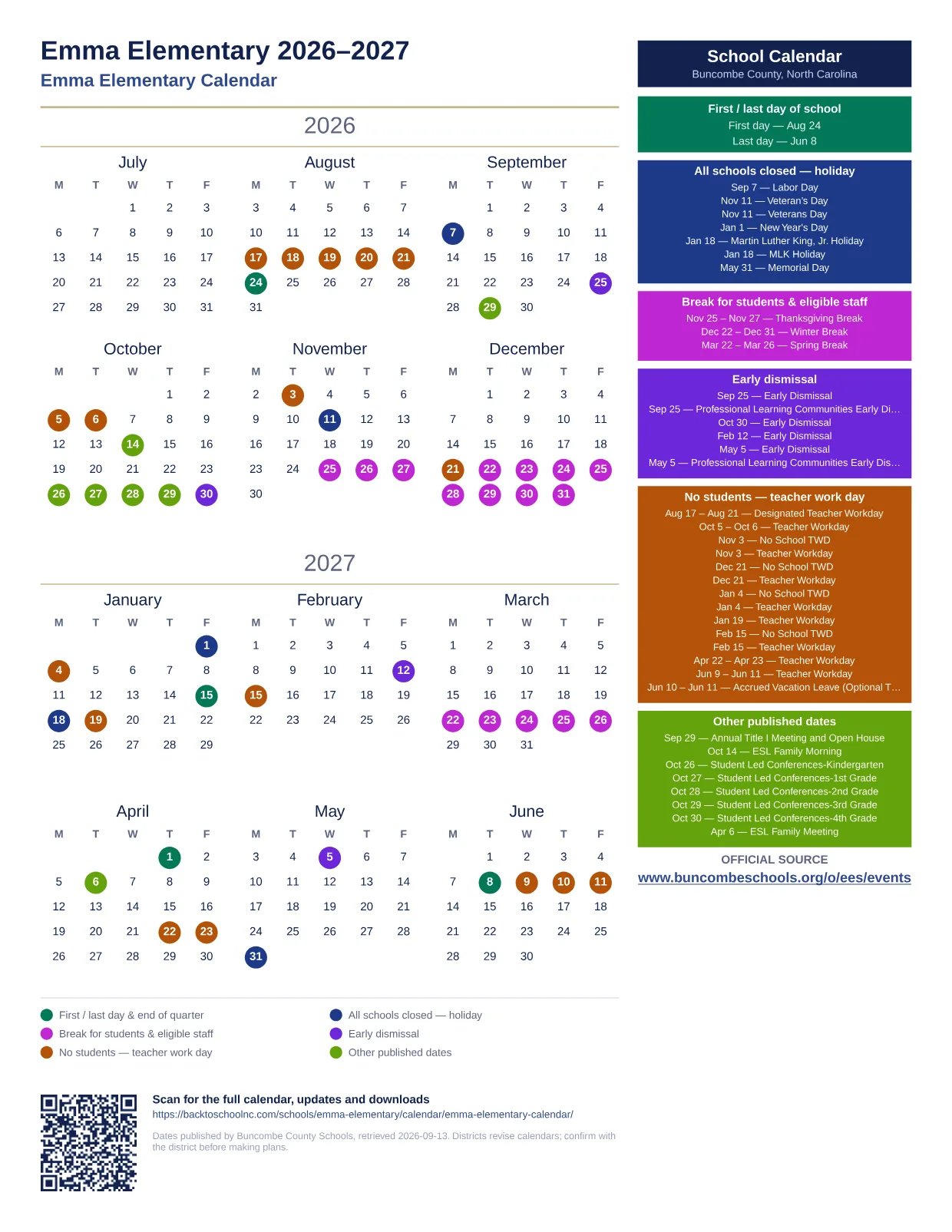 Emma Elementary  printable calendar