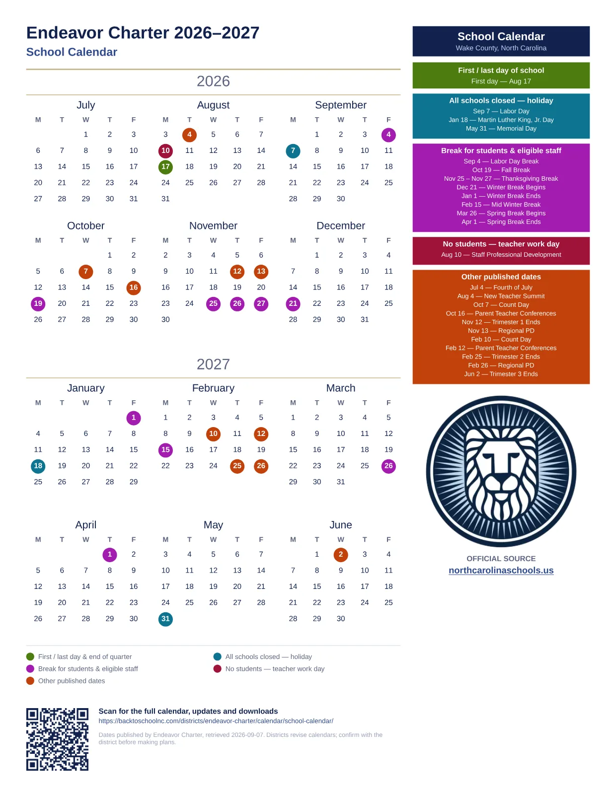 Endeavor Charter School Calendar 2026–2027 printable calendar