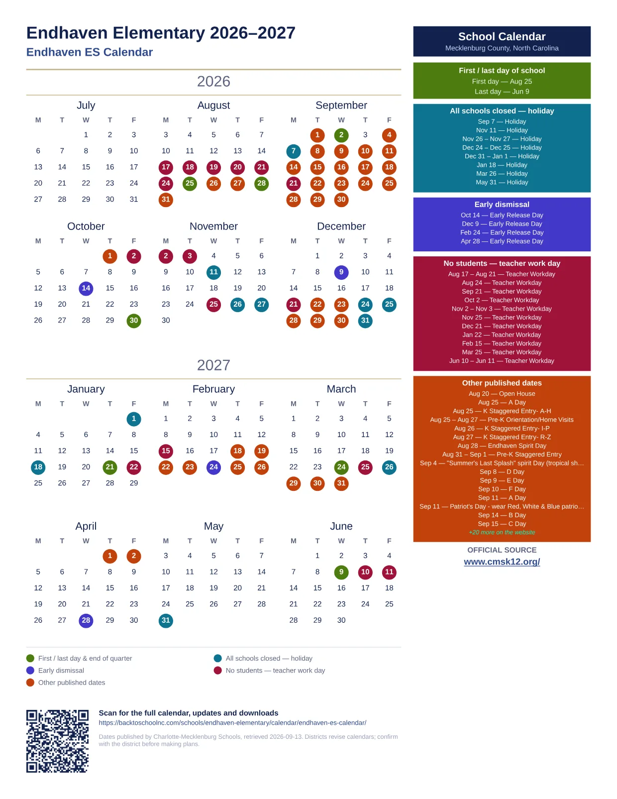 Endhaven Elementary 2026–2027 printable calendar
