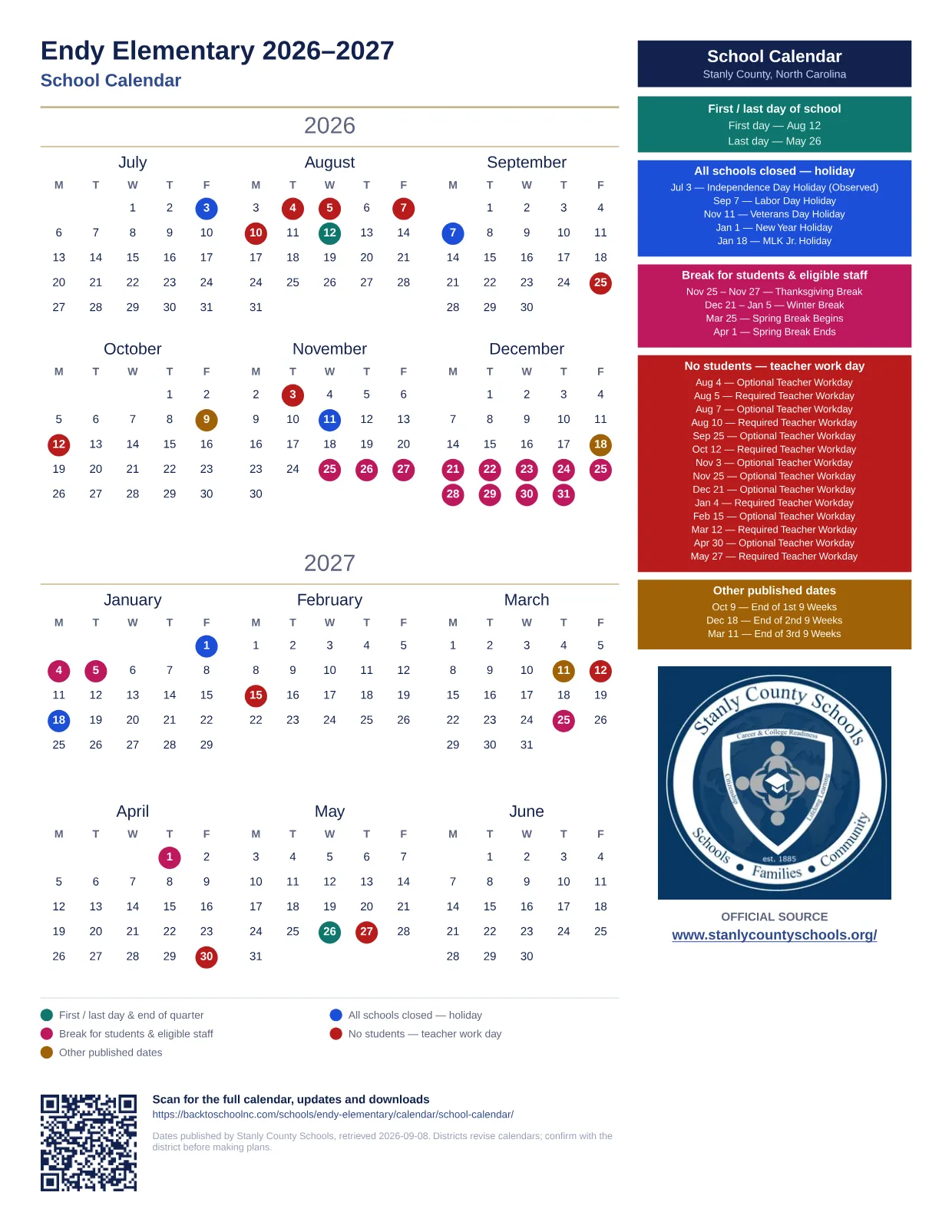 Endy Elementary 2026–2027 printable calendar
